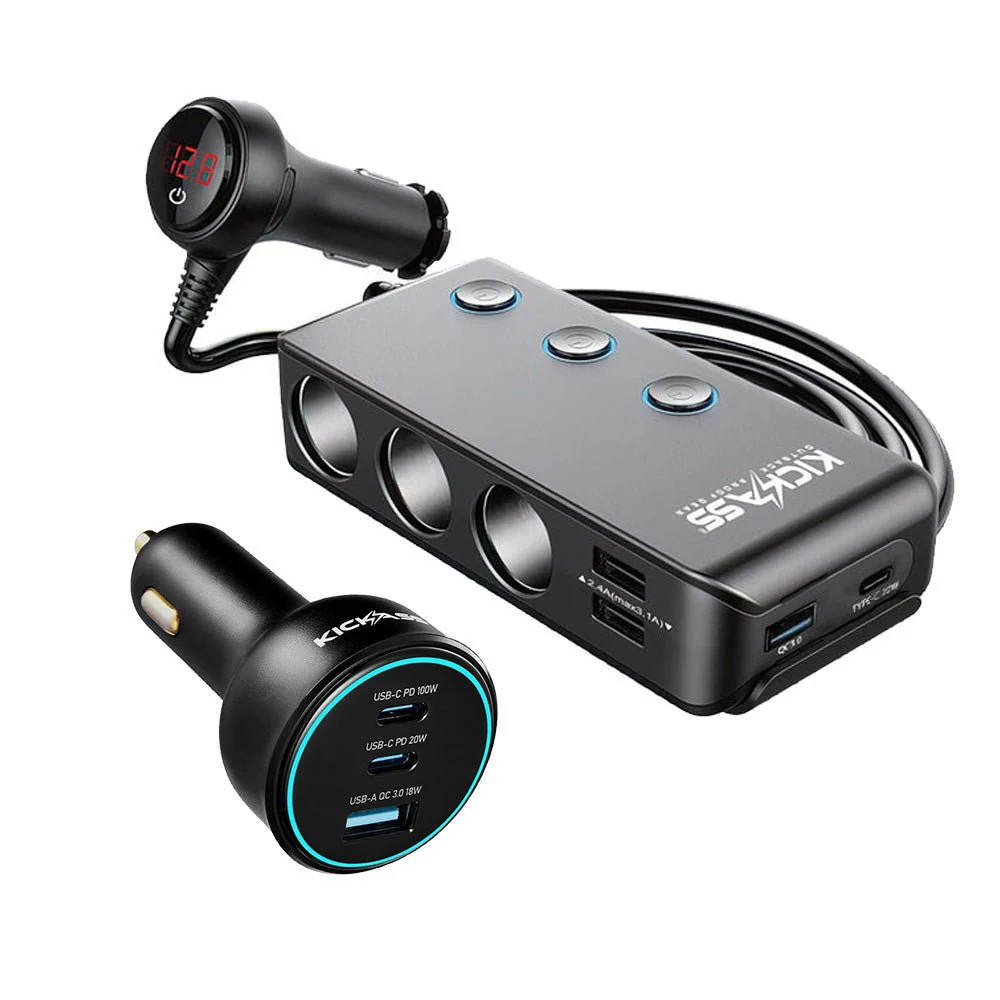 KickAss 100W Car Charger + 3 Way Cigarette Socket Splitter Bundle