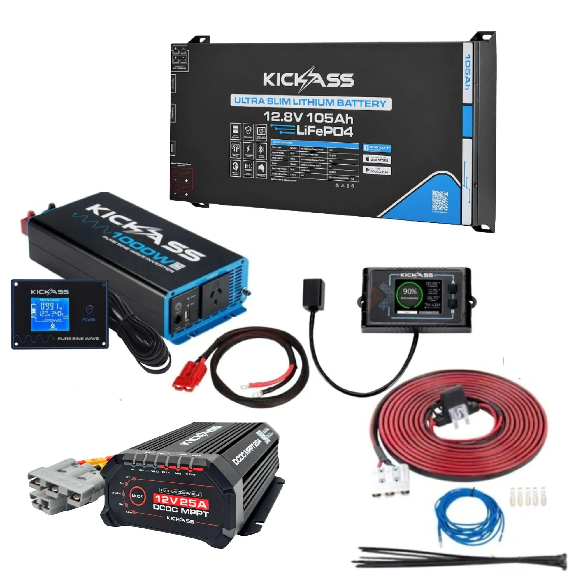 KickAss Smart 12V 105Ah Ultra Slim Lithium Complete Dual Battery Kit with 1000W Inverter, 25A DCDC Charger, Display Panel, Wiring