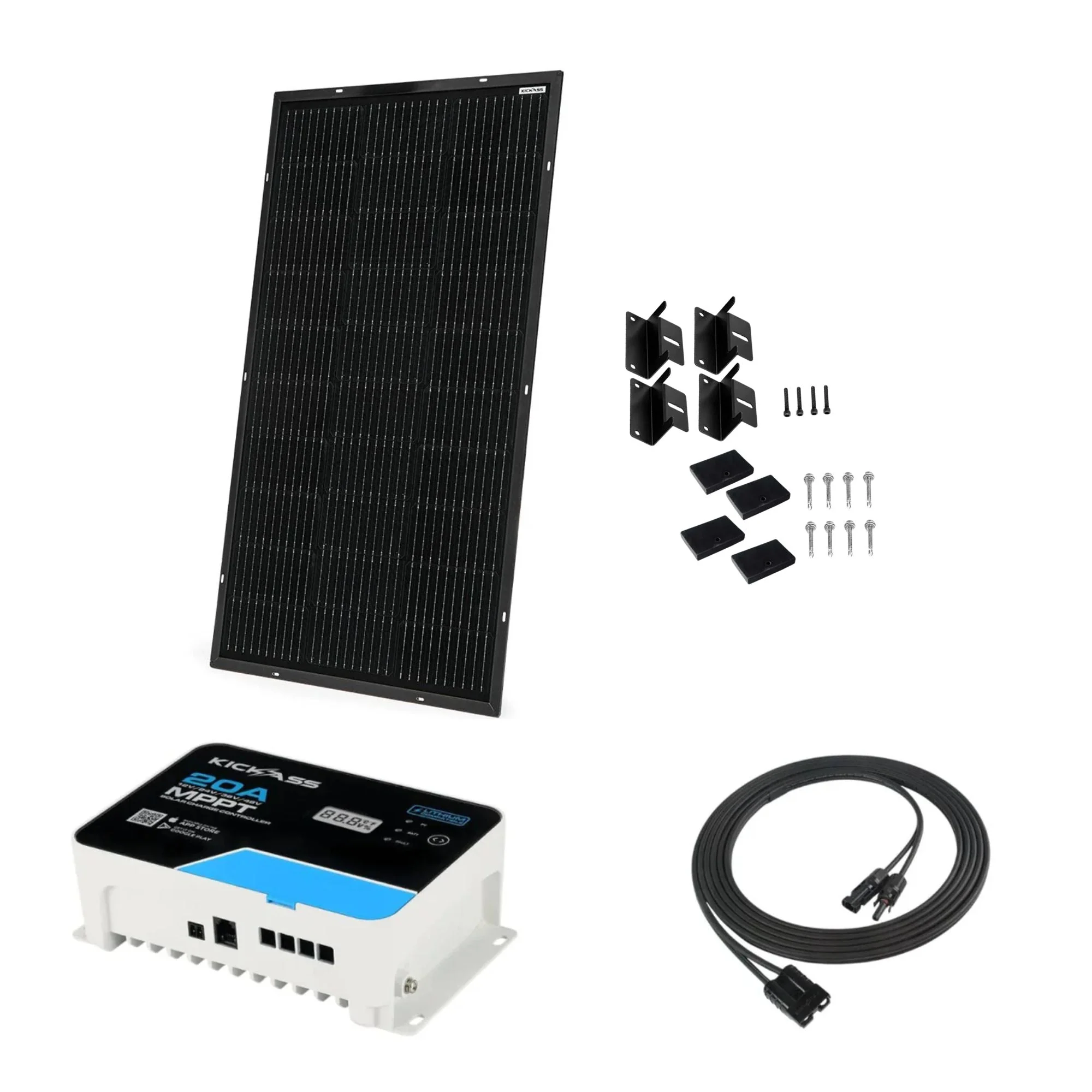 KickAss 110W Ultra Slim Fixed Glass Solar Panel Bundle with 20A MPPT Solar Charge Controller & Extension Cable - 5m