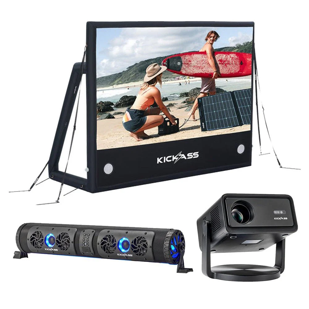 KickAss 120" Portable AirScreen Bundle with 12V Bluetooth Soundbar and Smart Projector