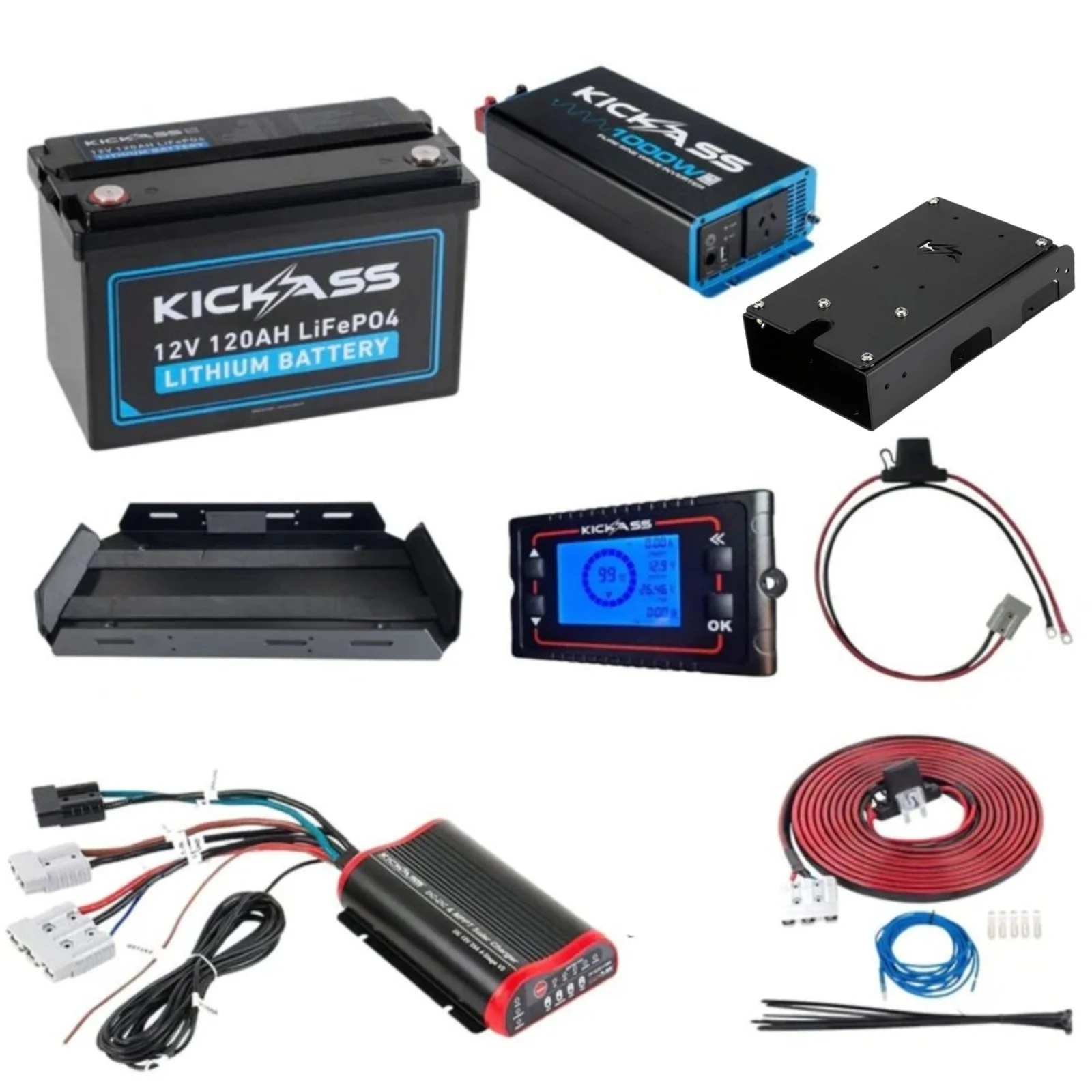 KickAss 120Ah Lithium Complete Dual Battery Kit with 1000W Inverter, 25A DCDC Charger, Shunt, Tray & Wiring