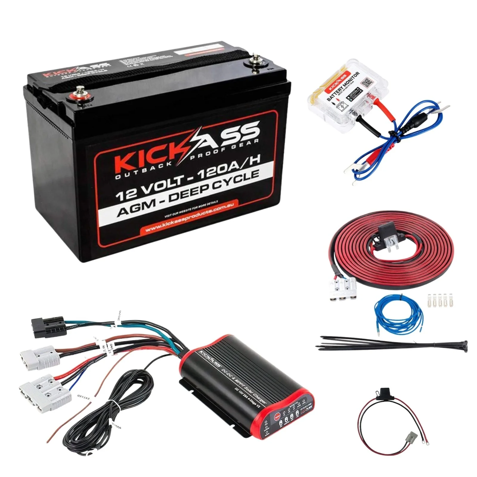 KickAss 12V 120Ah Deep Cycle AGM Essentials Dual Battery Kit with 25A DCDC Charger, Monitor, and Wiring