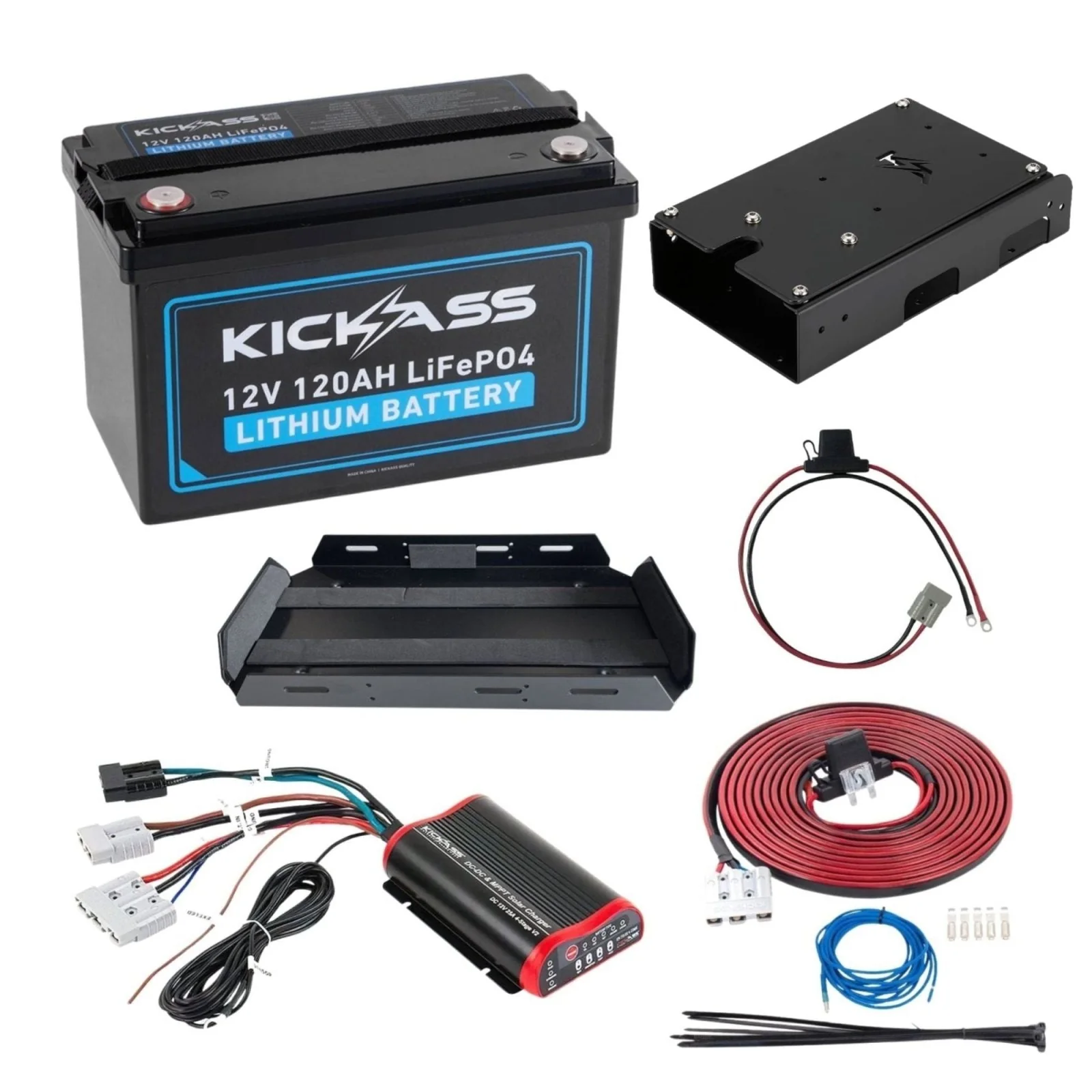 KickAss 120Ah Lithium Essentials Dual Battery Kit with 25A DCDC Charger, Tray & Wiring