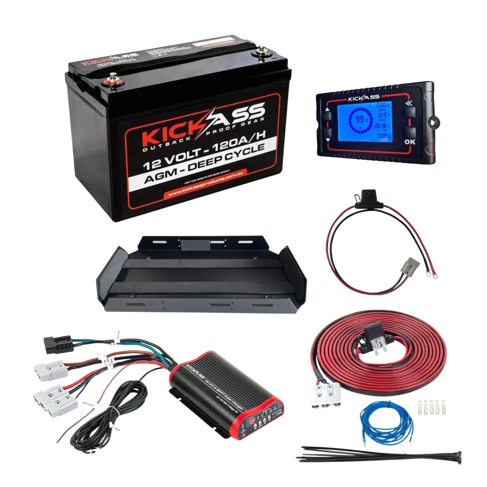 KickAss 12V 120Ah Deep Cycle AGM Premium Dual Battery Kit with 25A DCDC Charger, Shunt, Tray & Wiring