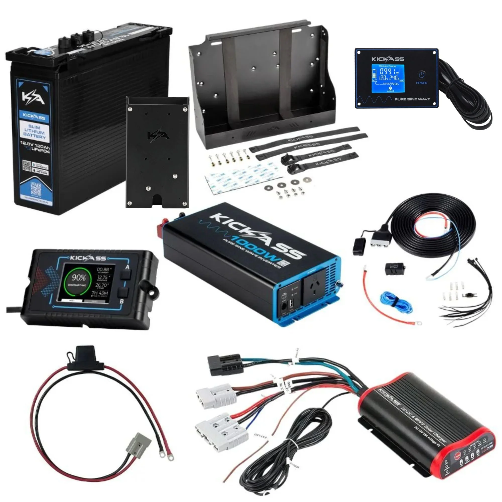 KickAss Smart 12V 120Ah Slimline Lithium Complete Dual Battery Kit with 1000W Inverter, 25A DCDC Charger, Display Panel, Tray & Wiring