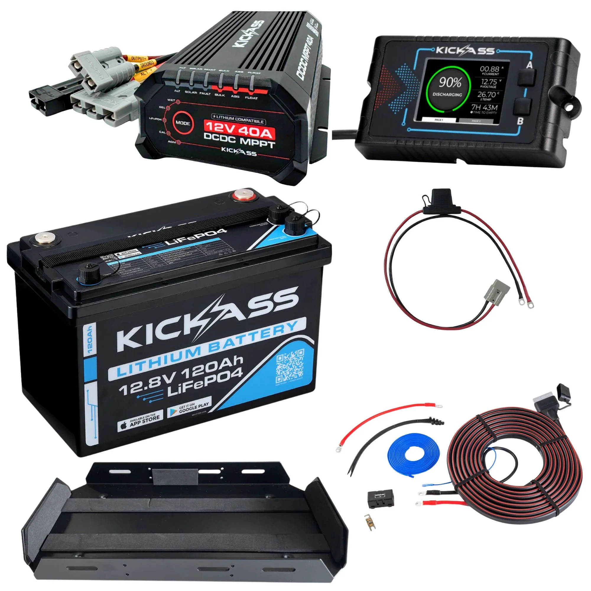 KickAss Smart 12V 120Ah Lithium Dual Battery Kit with 40A DCDC Charger, Tray & Wiring
