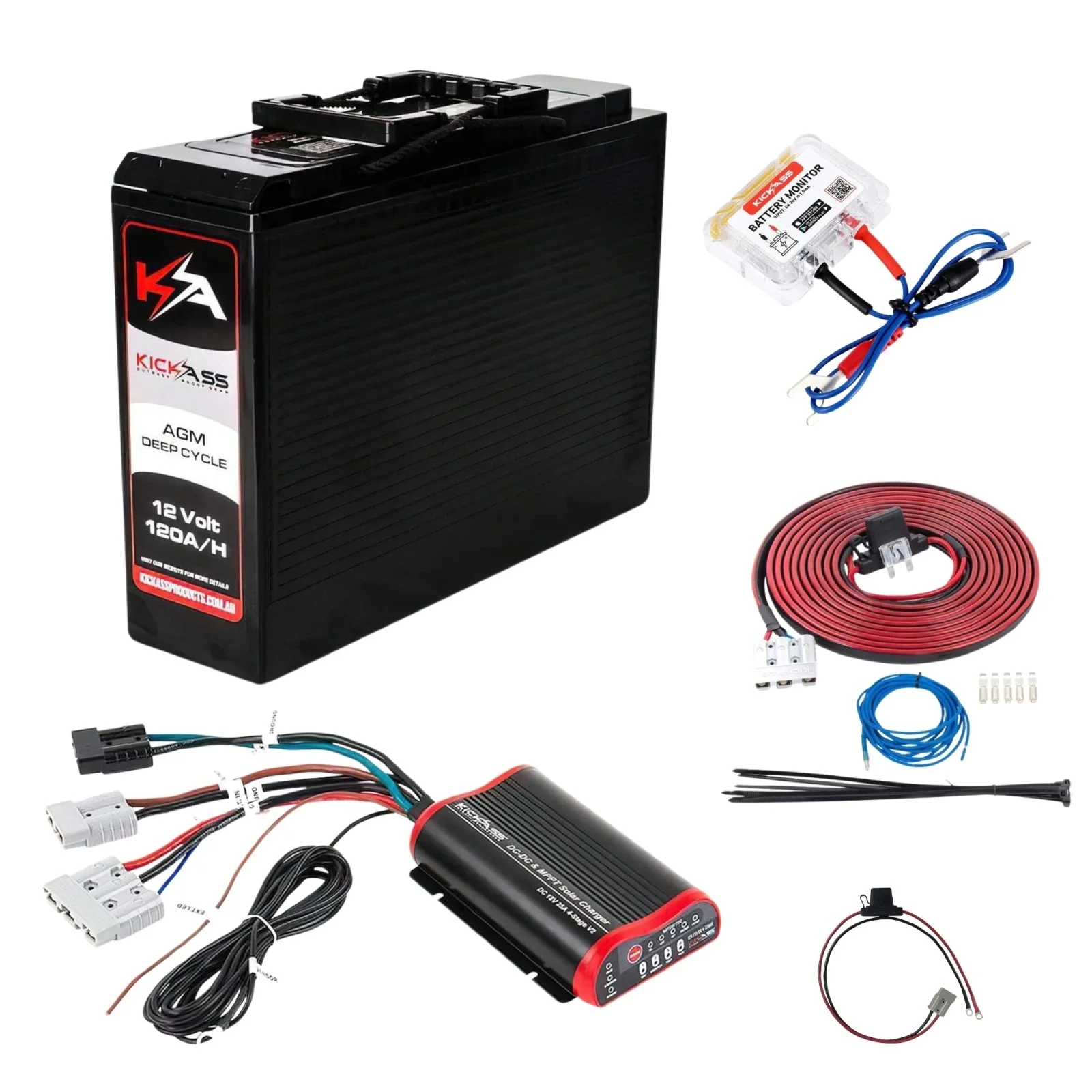 KickAss 12V 120Ah Slimline Deep Cycle AGM Essentials Dual Battery Kit with 25A DCDC Charger, Monitor, and Wiring