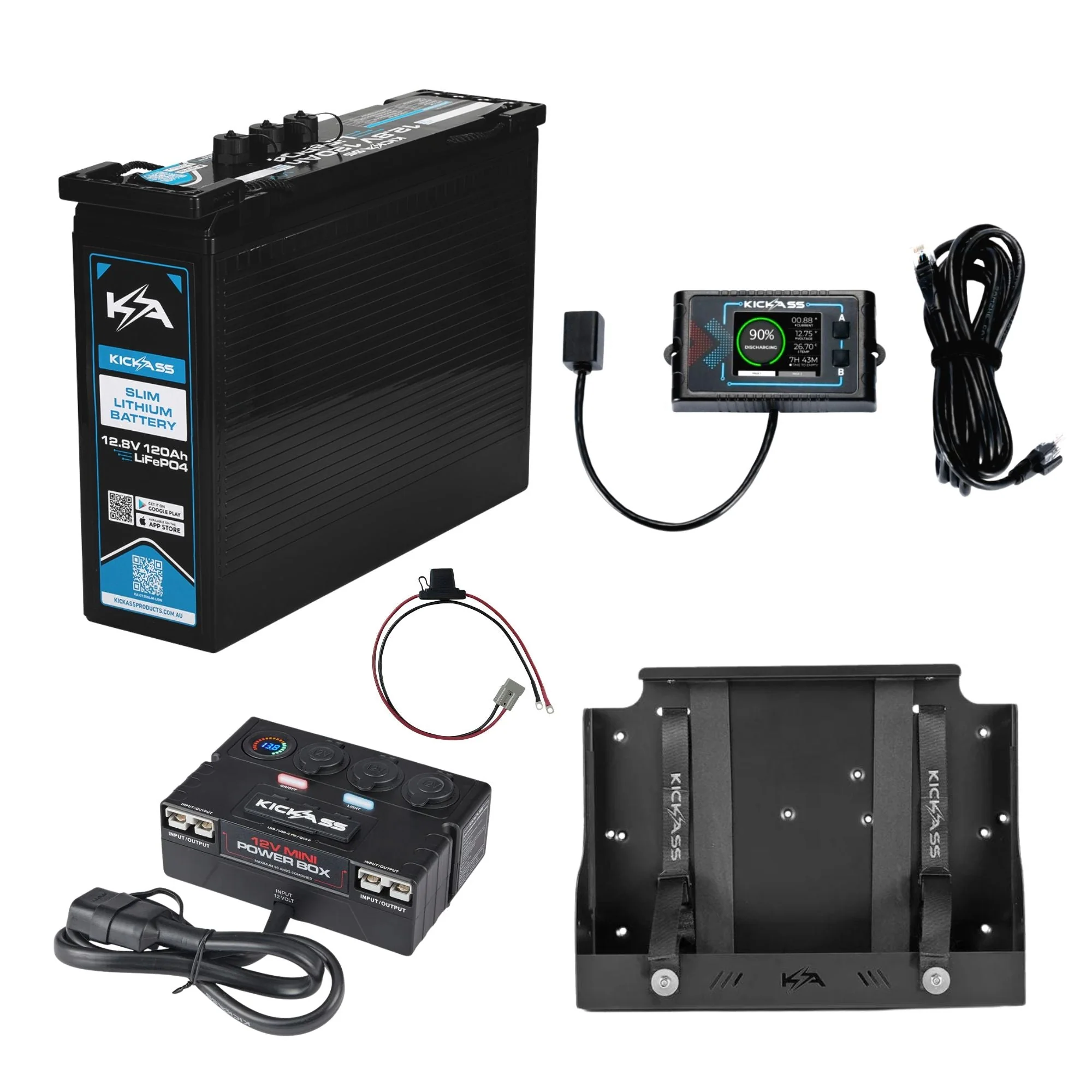 KickAss 120AH Slimline LiFePO4 Lithium Battery Essentials Bundle