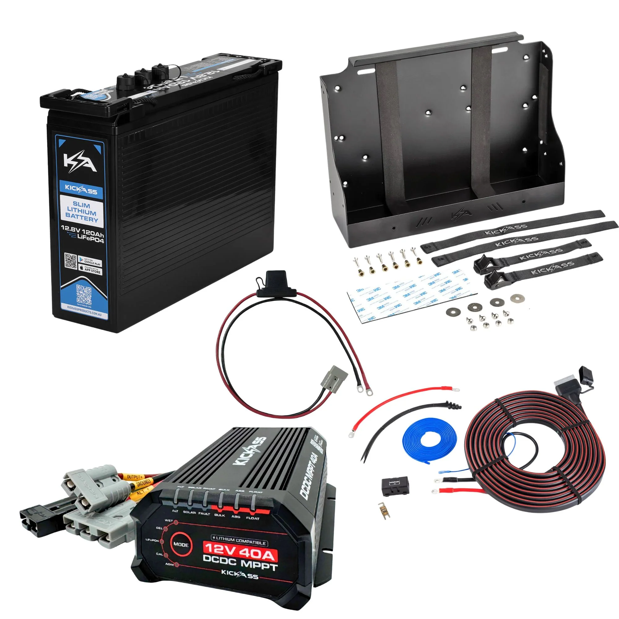 KickAss Smart 12V 120Ah Lithium Slimline Dual Battery Kit with 40A DCDC Charger, Tray & Wiring