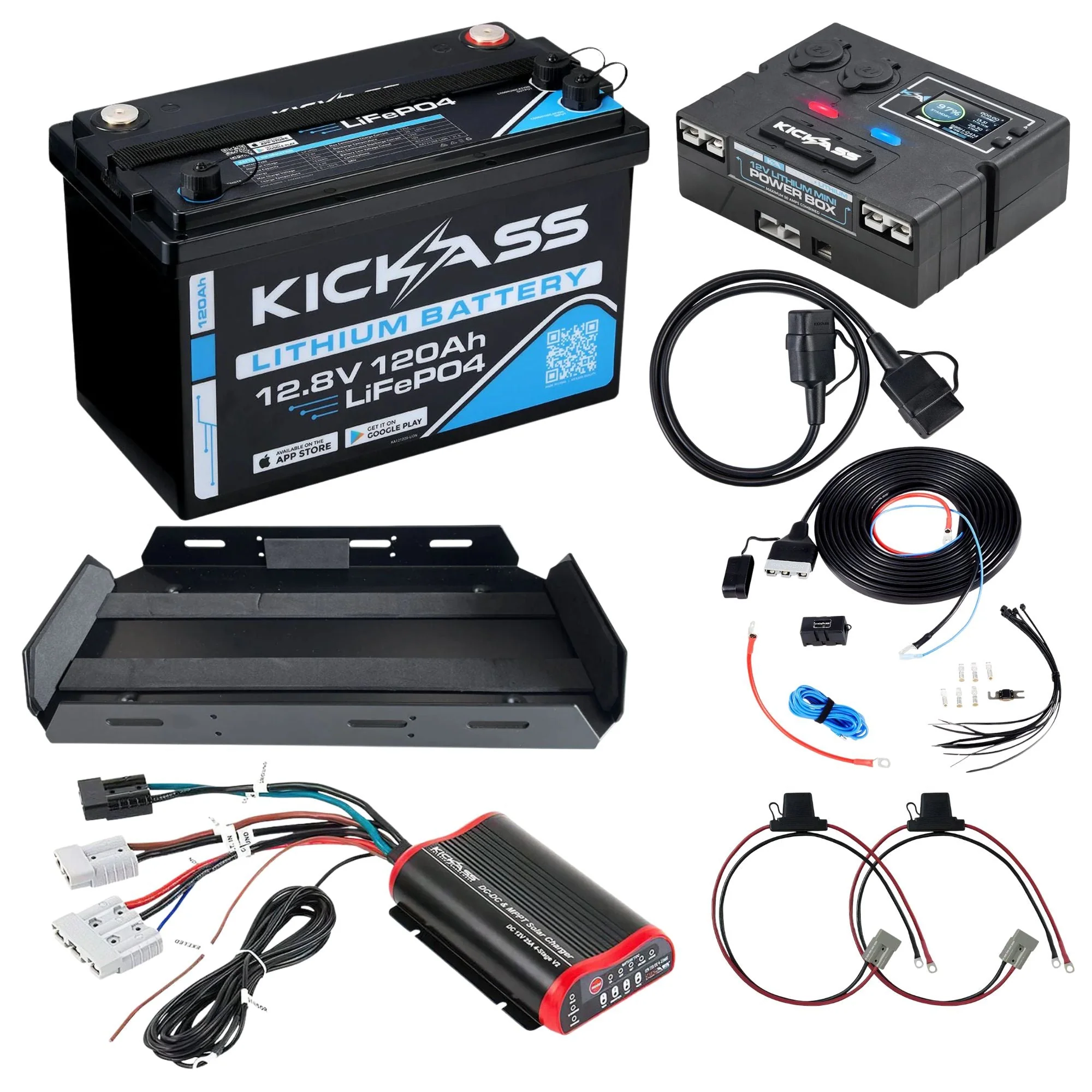 KickAss Smart 12V 120Ah Lithium Premium Dual Battery Kit with 25A DCDC Charger, Control Box, Tray & Wiring