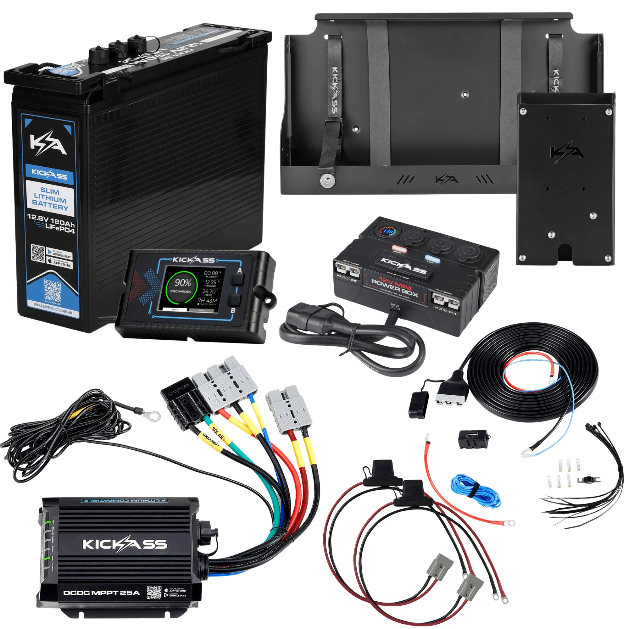 KickAss Smart 12V 120Ah Slimline Lithium Premium Dual Battery Kit with 25A DCDC Charger, Control Box, Display Panel, Tray & Wiring