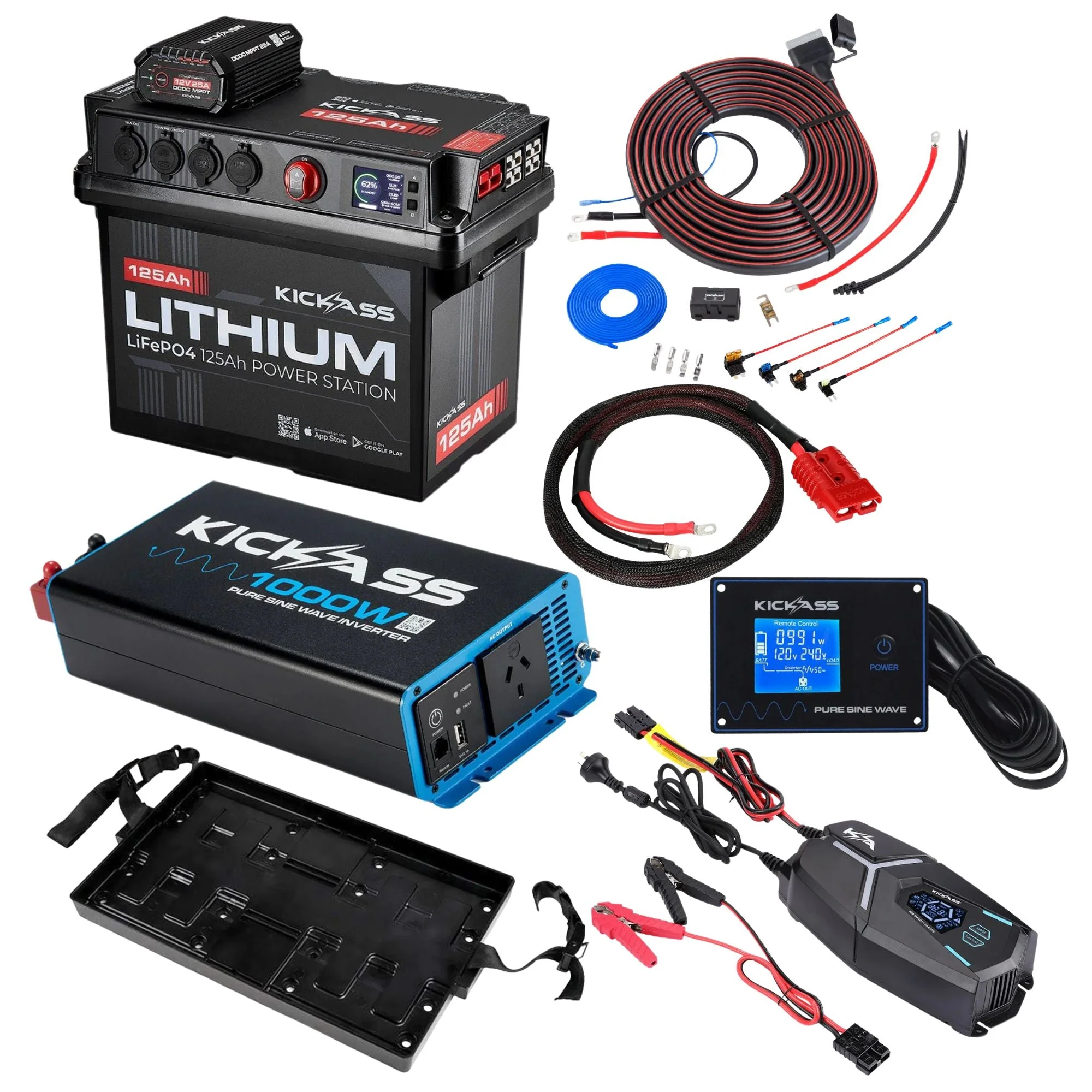 KickAss 125Ah Lithium Battery Box Complete Dual Battery Kit with 1000W Inverter, AC Charger & Wiring