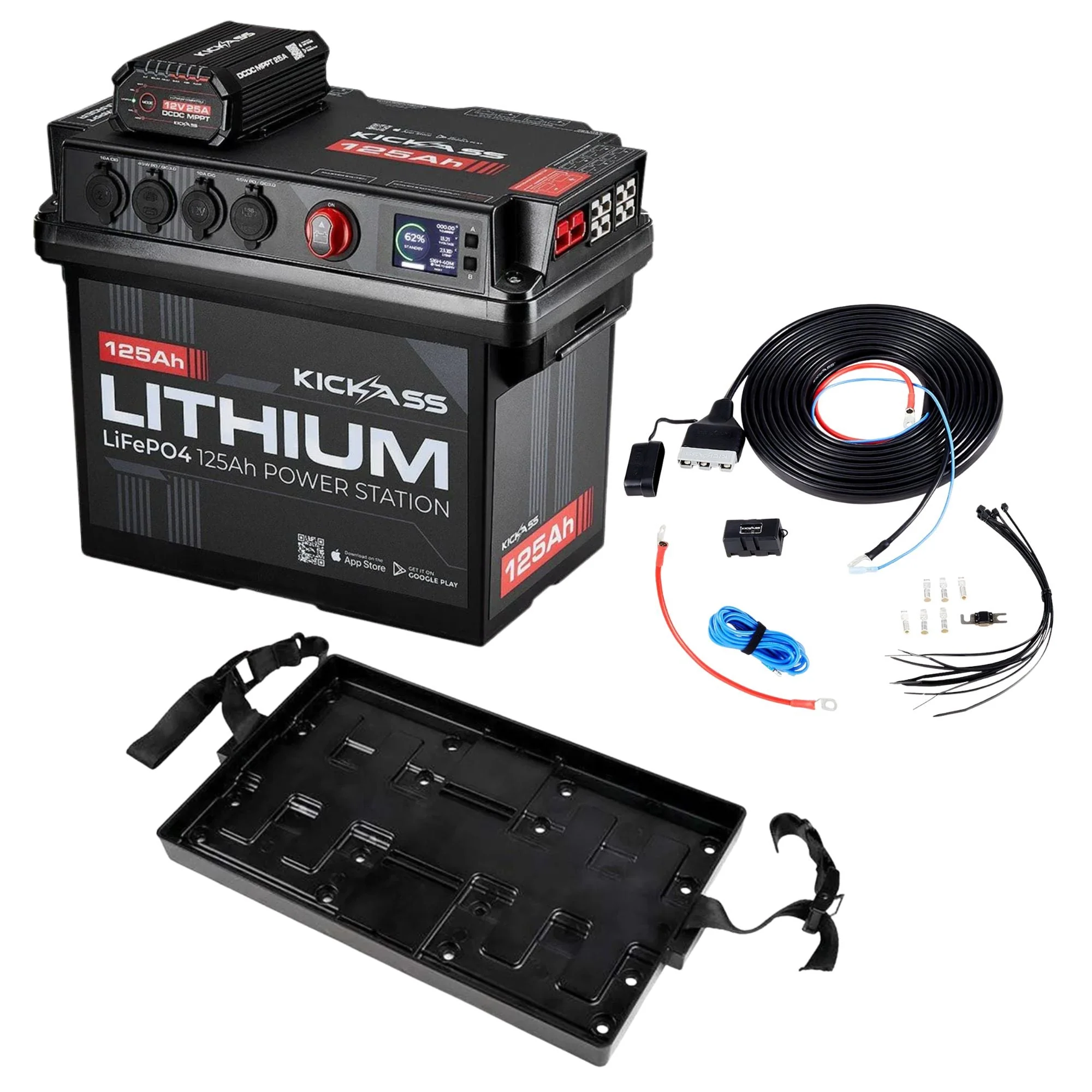 KickAss 125Ah Lithium Battery Box Premium Dual Battery Kit with Tray & Plug and Play Wiring