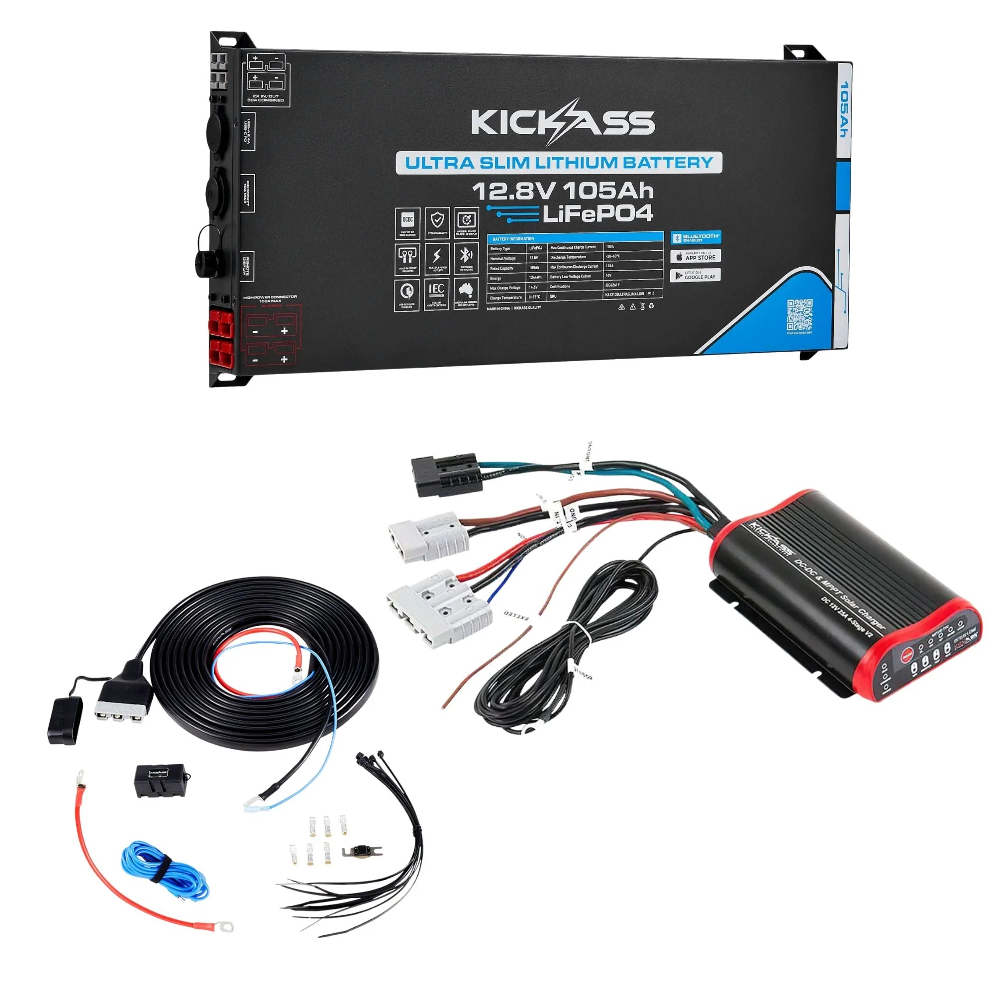 KickAss 12V 105Ah Smart Ultra-Slimline Lithium Dual Battery Kit with 25A DCDC Charger & Premium Wiring