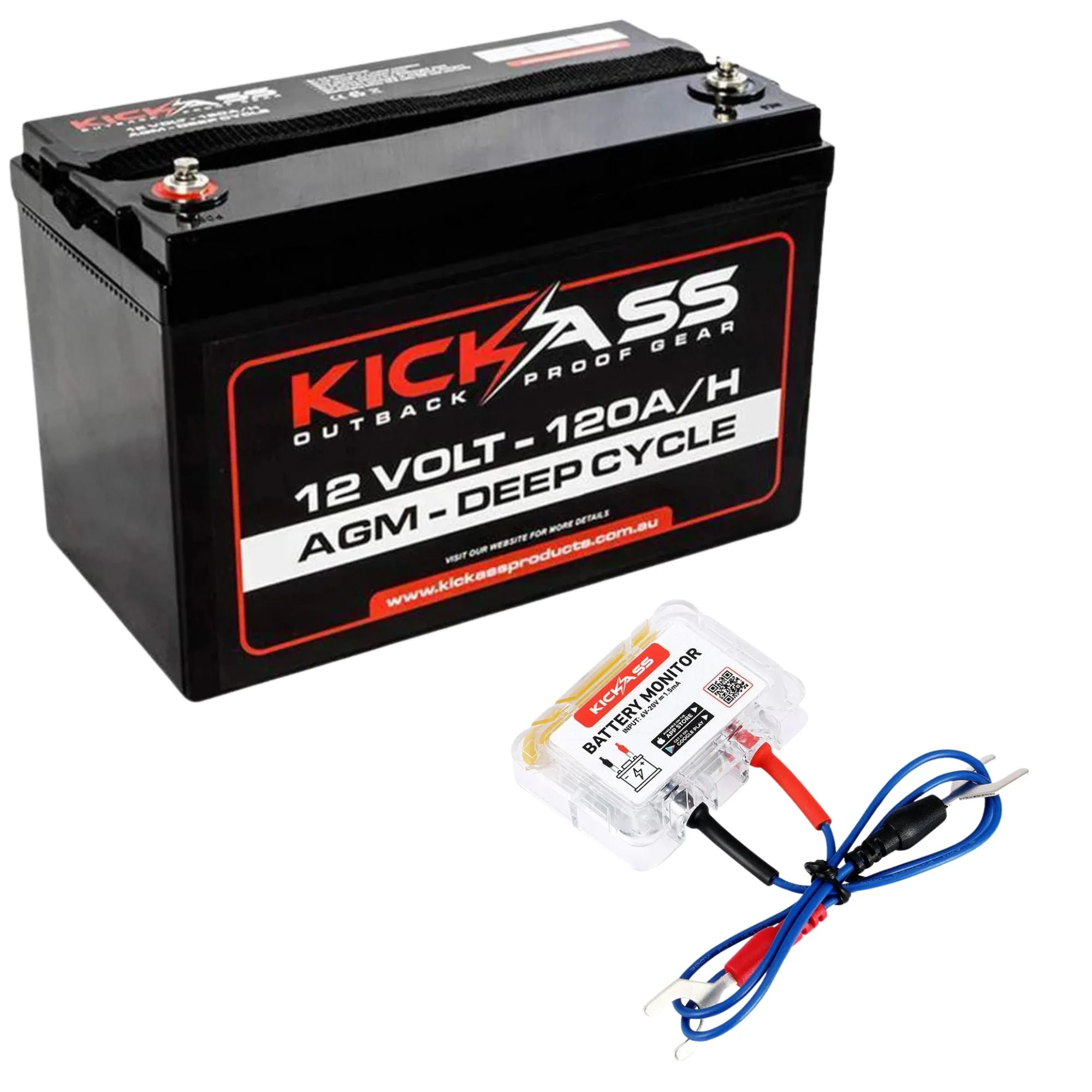 KickAss 12V 120Ah Deep Cycle AGM Battery + Bluetooth Battery Monitor Bundle