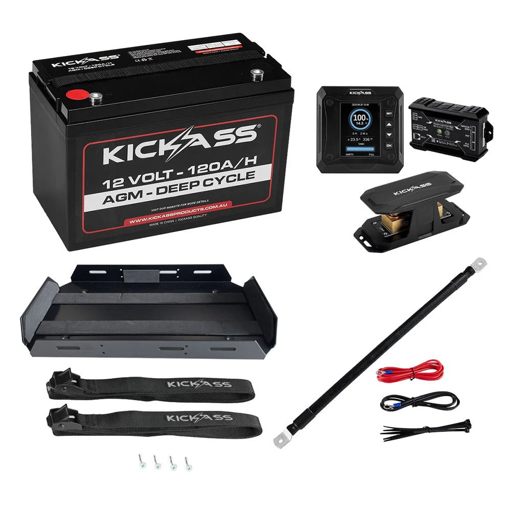KickAss 12V 120Ah AGM Deep Cycle Battery Bundle with Smart Shunt, N70 Tray and Power Connections Kit