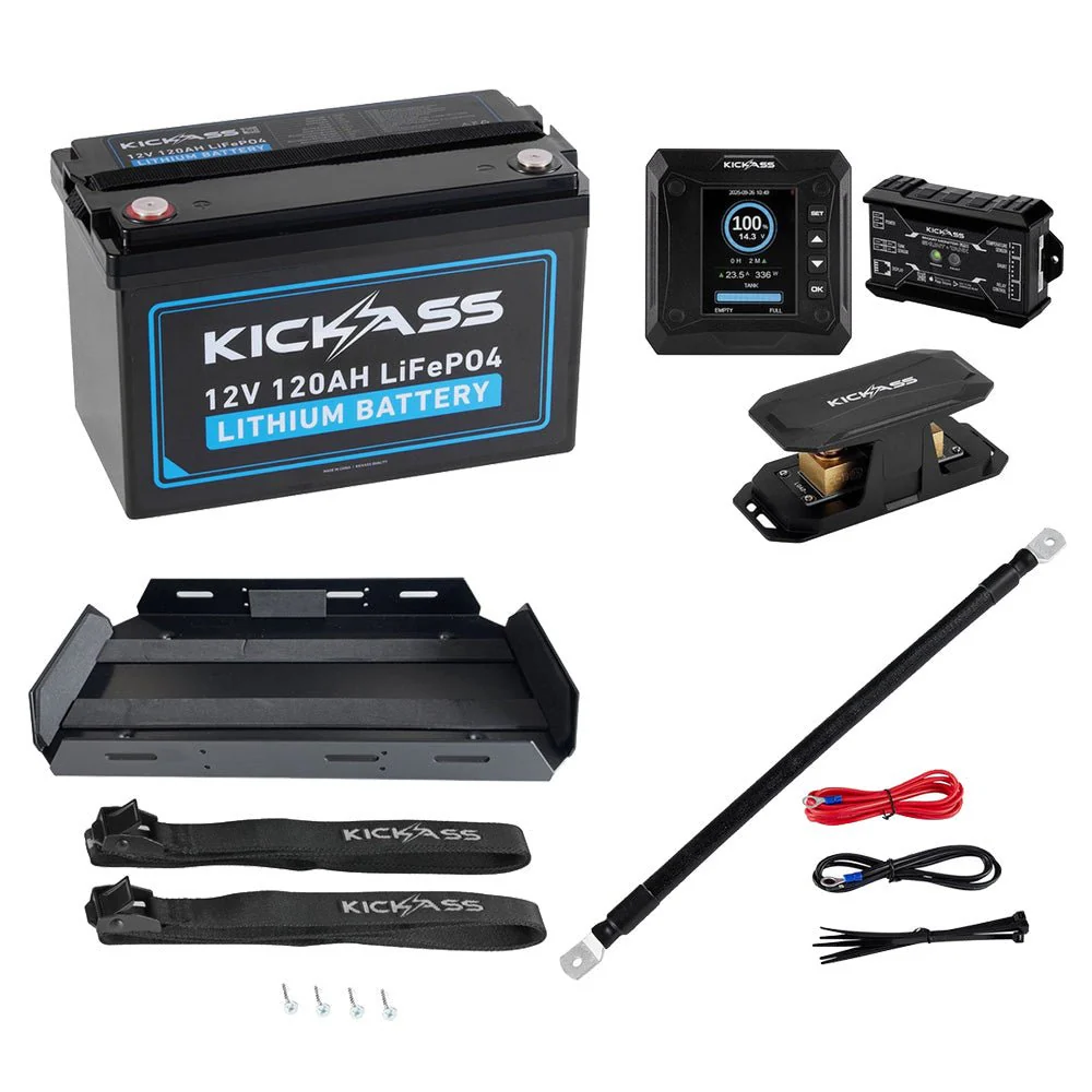 KickAss 12V 120Ah Lithium Deep Cycle Battery Bundle with Smart Shunt, N70 Tray and Power Connections Kit