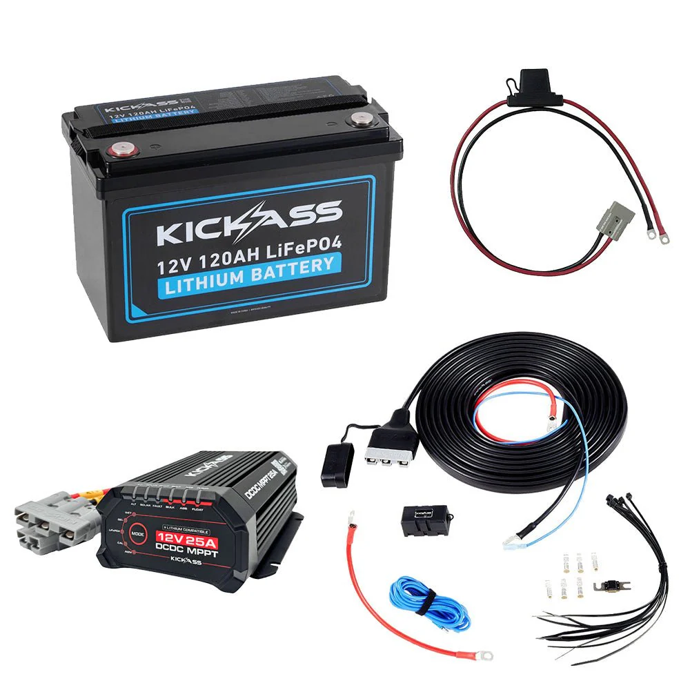 KickAss 12V 120Ah Lithium Essentials Dual Battery Kit with 25A DCDC Charger, Wiring Kit and Maxi Fuse Holder