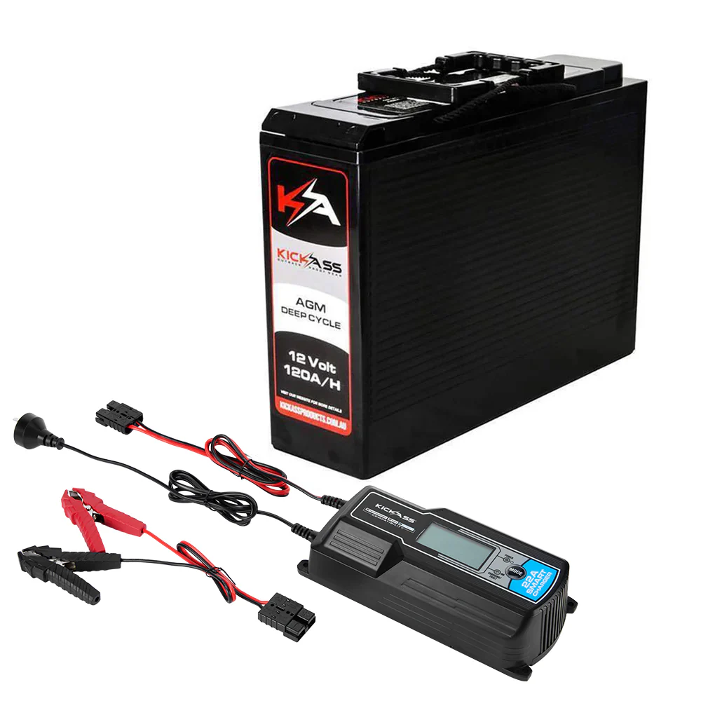 KickAss 12V 120Ah Deep Cycle AGM Battery + 22A Charger Bundle