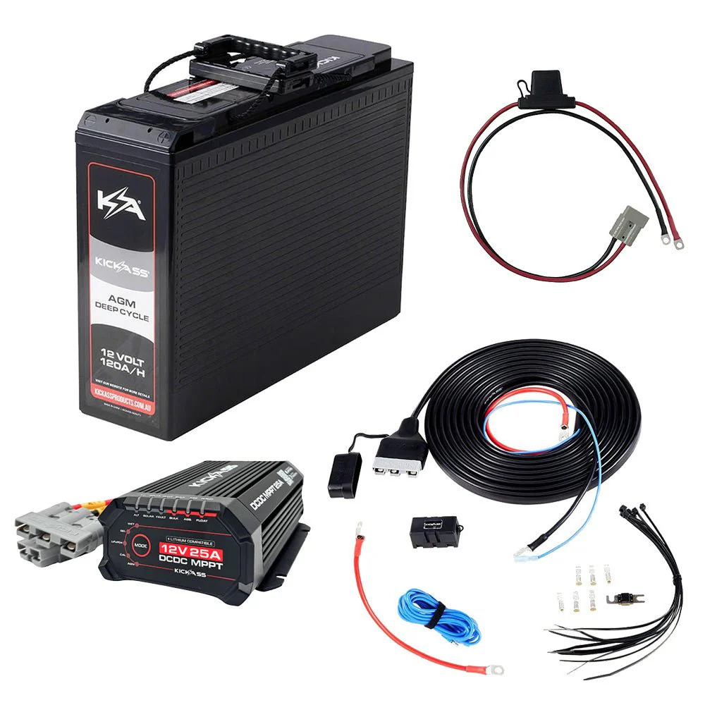 KickAss 12V 120Ah Slimline AGM Essentials Dual Battery Kit with 25A DCDC Charger, Wiring Kit and Maxi Fuse Holder