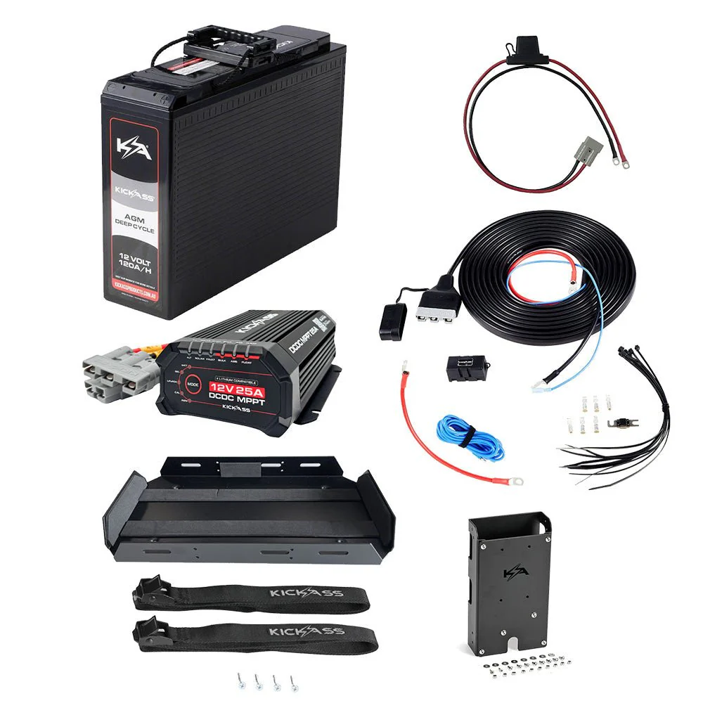KickAss 12V 120Ah Slimline AGM Essentials Dual Battery Kit with 25A DCDC Charger, Wiring Kit, Battery Tray, Accessory Panel and Maxi Fuse Holder