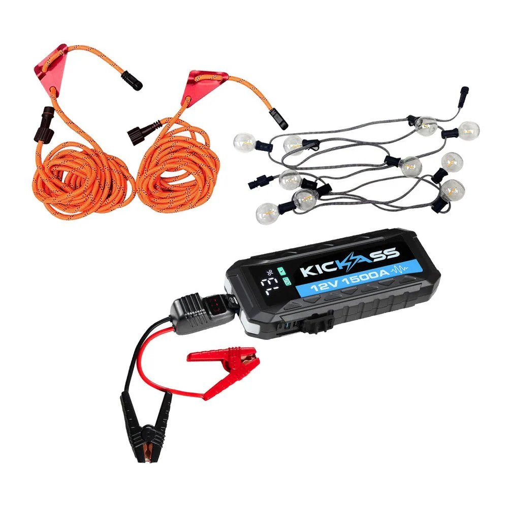 KickAss 12V 1500A Portable Car Jump Starter Bundle with Outdoor Tie-Down Guy Rope LED Lighting Kit
