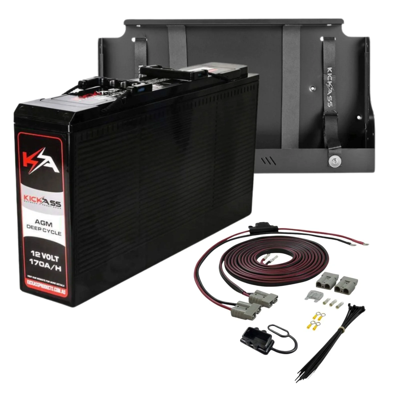 KickAss 12V 170Ah Slimline Deep Cycle AGM Dual Battery Kit with Tray & Wiring