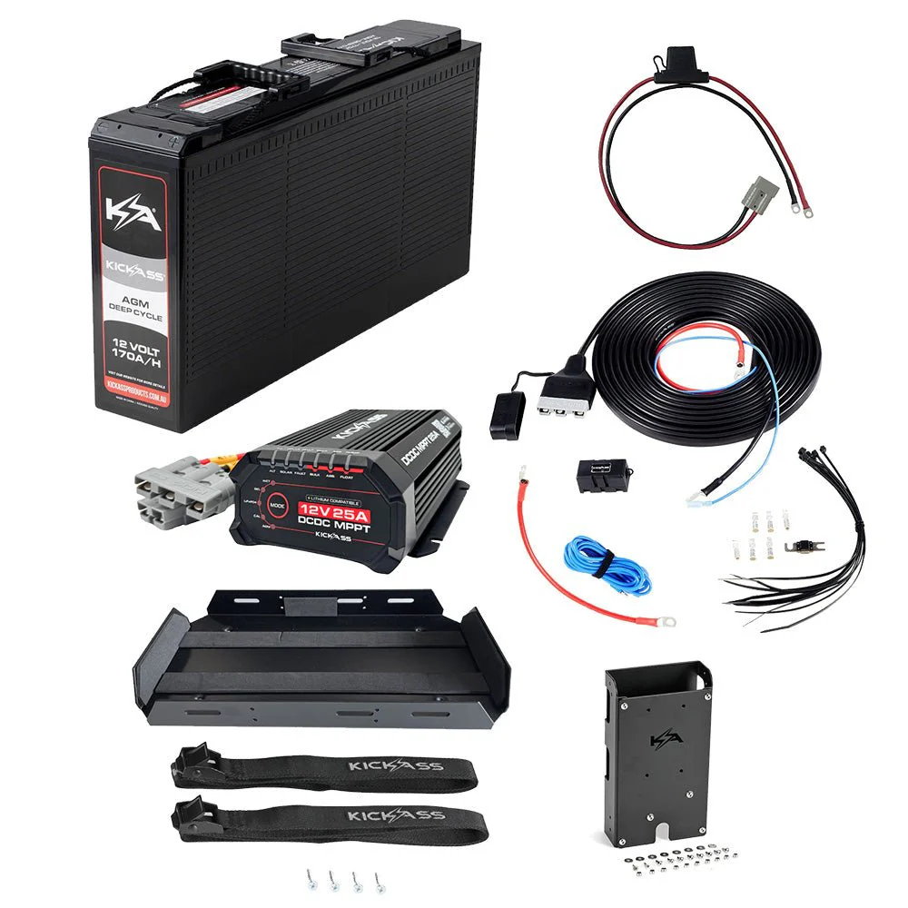KickAss 12V 170Ah Slimline AGM Essentials Dual Battery Kit with 25A DCDC Charger, Battery Tray, Wiring Kit, Accessory Panel and Maxi Fuse Holder