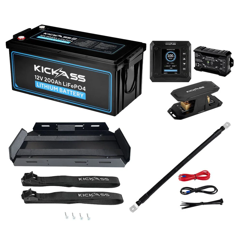 KickAss 12V 200Ah Lithium Deep Cycle Battery Bundle with Smart Shunt, Battery Tray and Power Connections Kit