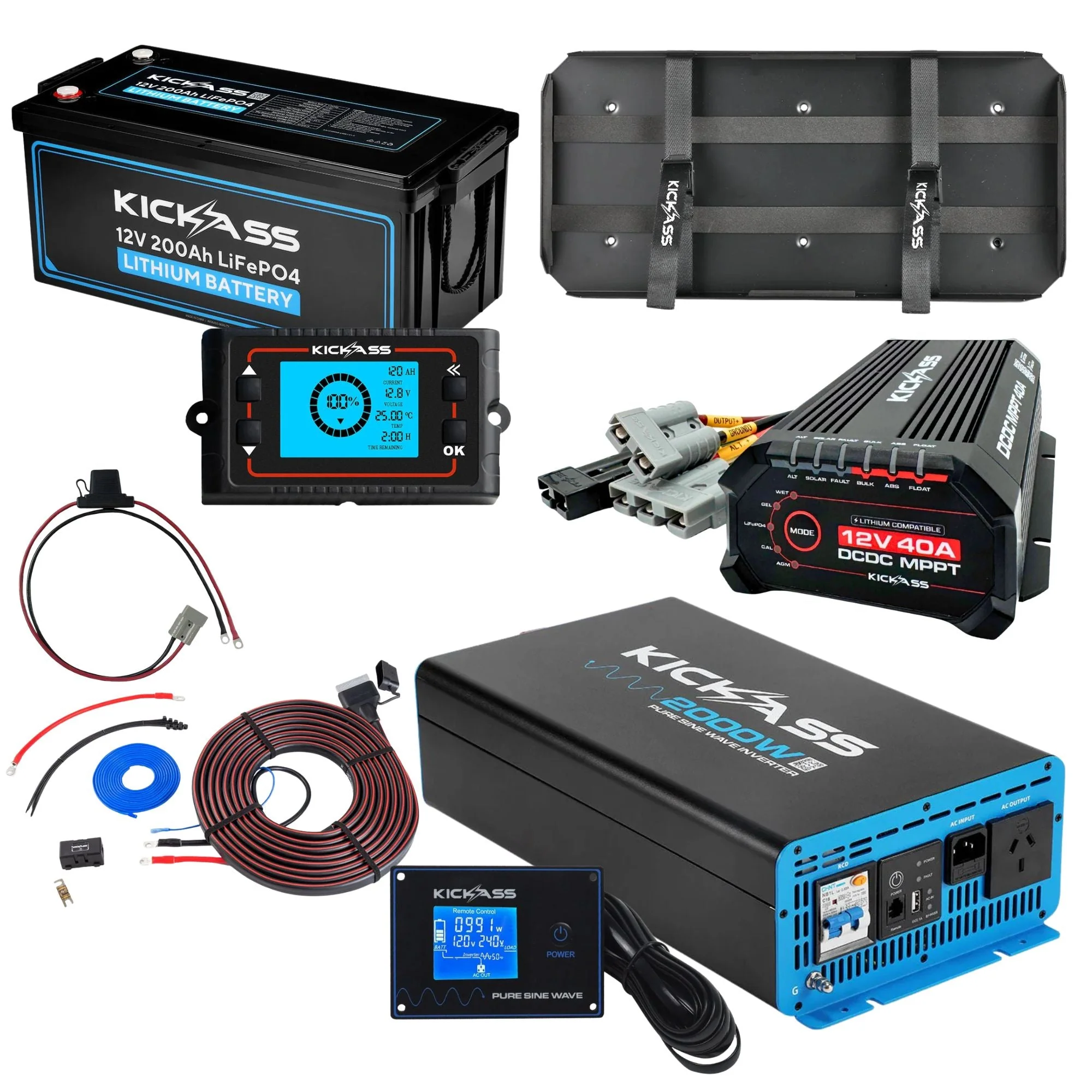 KickAss 12V 200Ah Lithium Dual Battery Kit with 2000W Inverter, 40A DCDC Charger, Shunt, Display Panel, Tray & Wiring