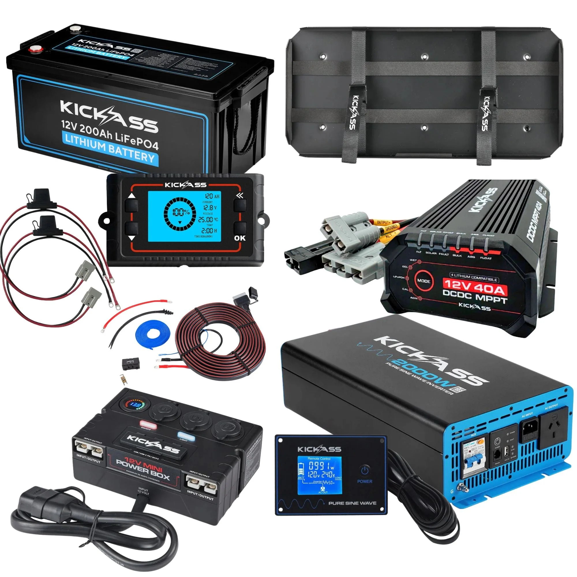 KickAss 12V 200Ah Lithium Dual Battery Kit with 2000W Inverter, 40A DCDC Charger, Shunt, Control Box, Display Panel, Tray & Wiring