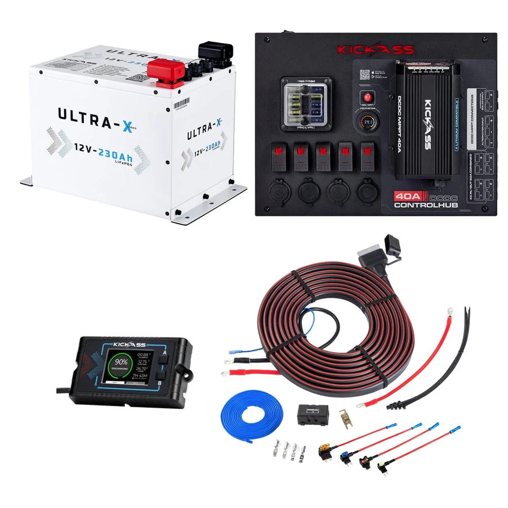 KickAss 12V 230Ah Lithium Arctic White Complete Dual Battery Kit with 40A DCDC Control Hub, Heavy Duty Wiring Kit and Remote Display Unit
