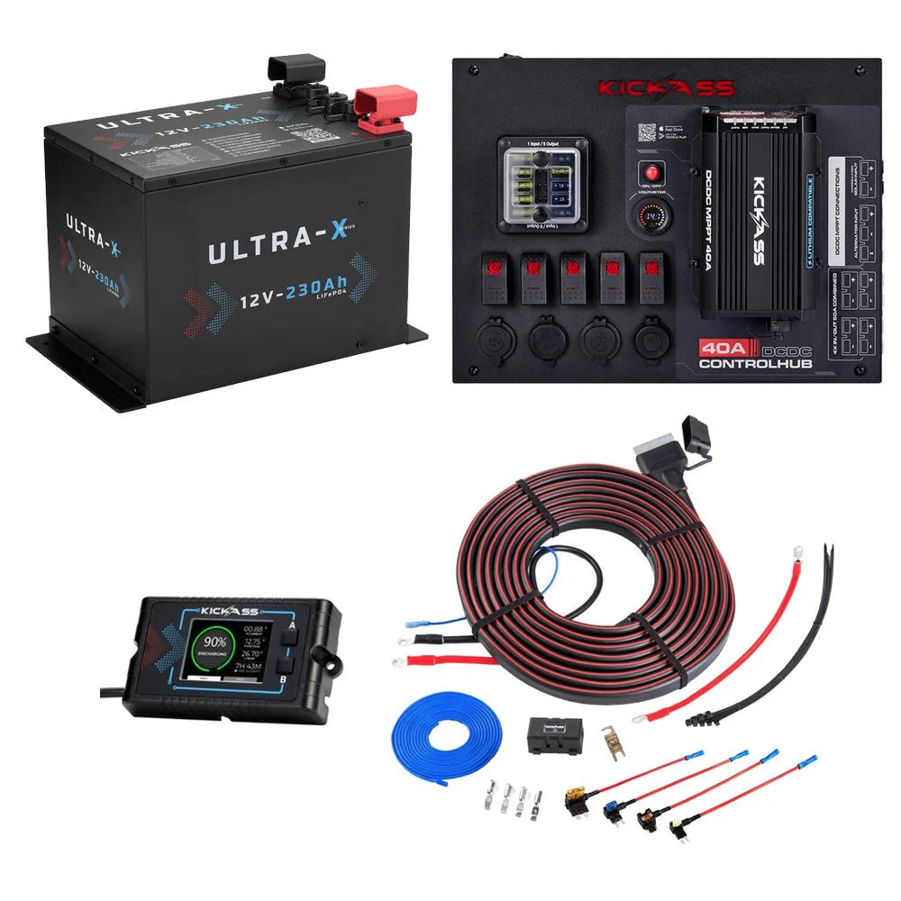 KickAss 12V 230Ah Lithium Complete Dual Battery Kit with 40A DCDC Control Hub, Heavy Duty Wiring Kit and Remote Display Unit