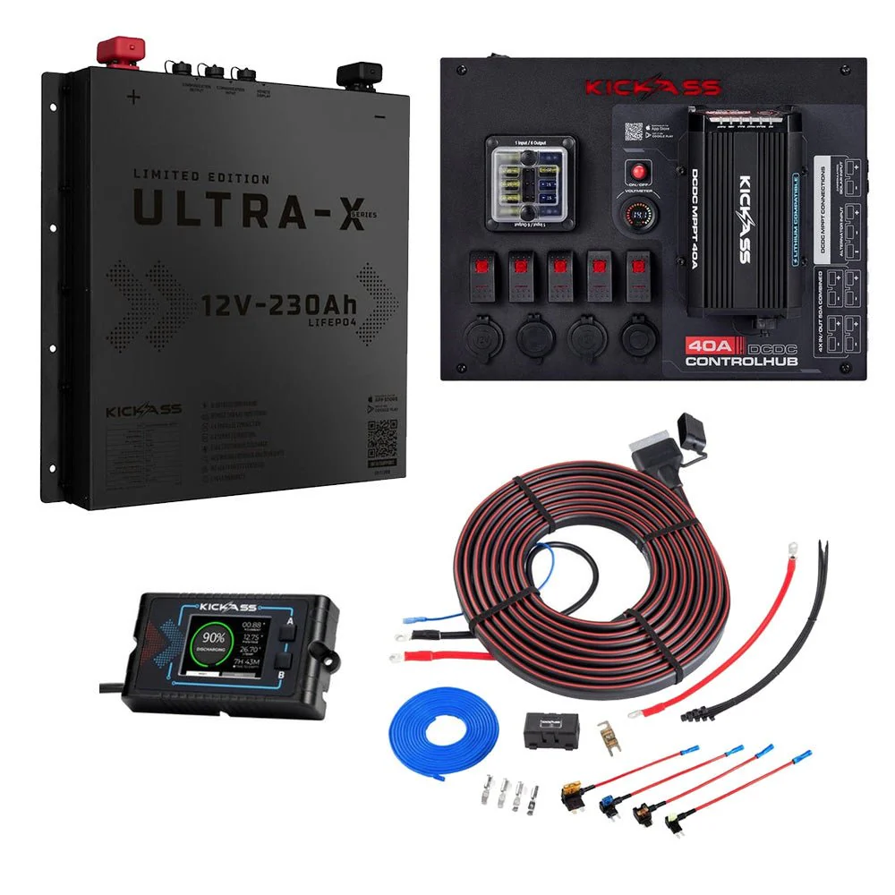 KickAss 12V 230Ah Slimline Lithium Black Edition Complete Dual Battery Kit with 40A DCDC Control Hub, Heavy Duty Wiring Kit and Remote Display Unit