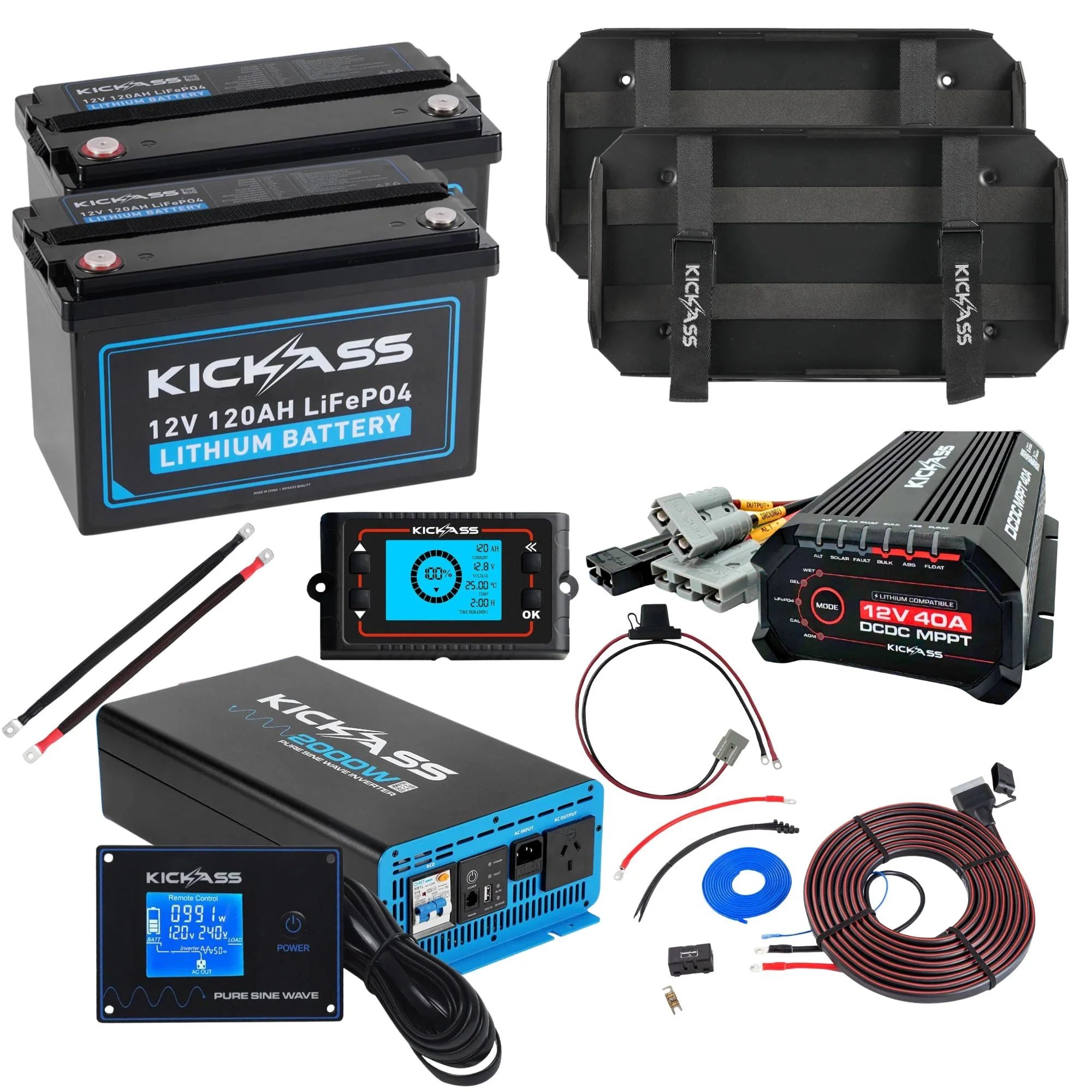 KickAss Twin 12V 120Ah Lithium Dual Battery Kit with 2000W Inverter, 40A DCDC Charger, Shunt, Display Panel, Tray & Wiring - 240Ah Capacity