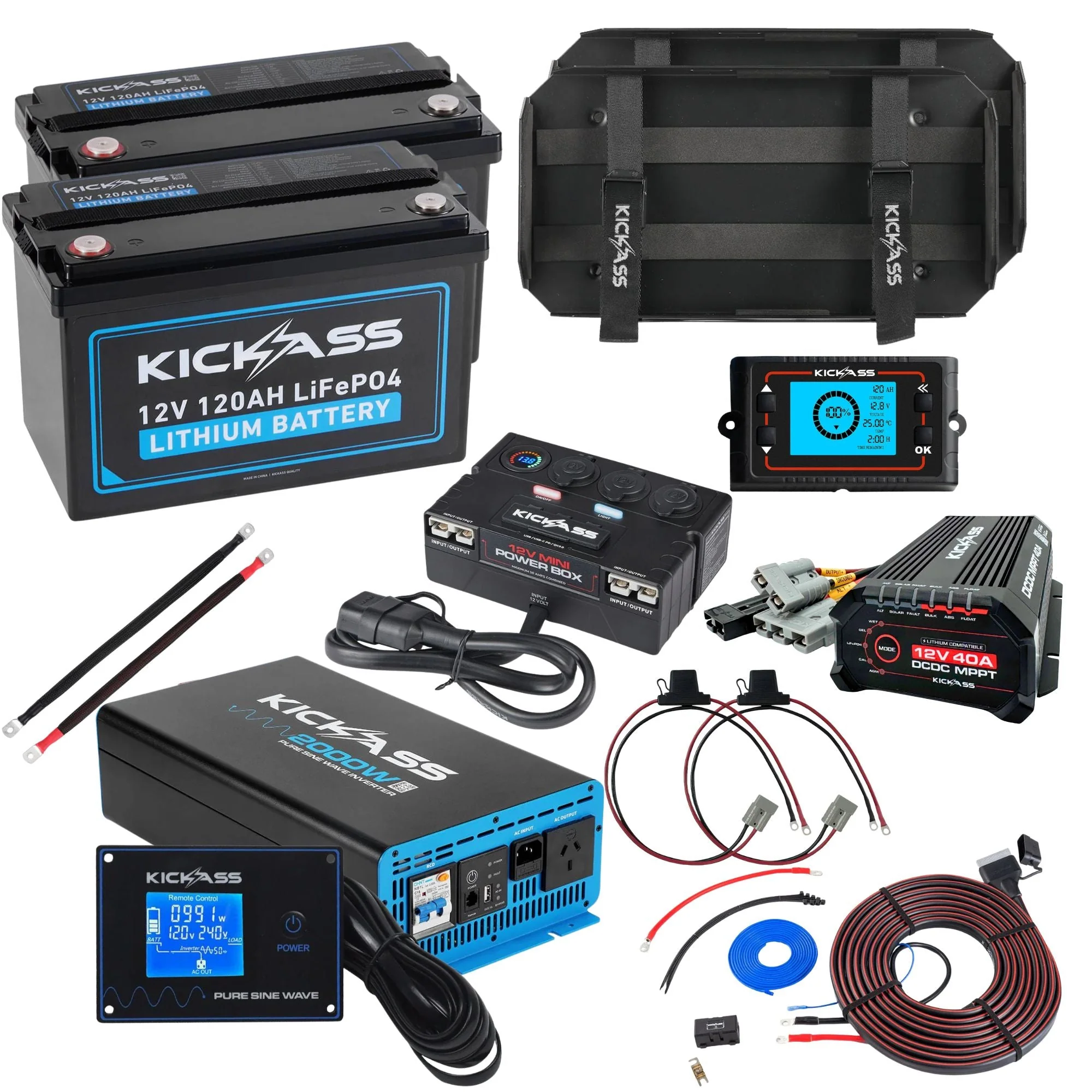 KickAss Twin 12V 120Ah Lithium Dual Battery Kit with 2000W Inverter, 40A DCDC Charger, Shunt, Control Box, Display Panel, Tray & Wiring - 240Ah Capacity