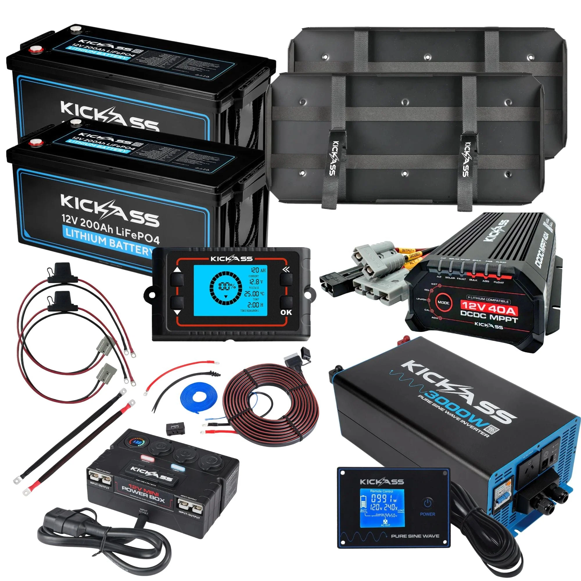 KickAss Twin 12V 200Ah Lithium Dual Battery Kit with 3000W Inverter, 40A DCDC Charger, Shunt, Control Box, Display Panel, Tray & Wiring - 400Ah Capacity