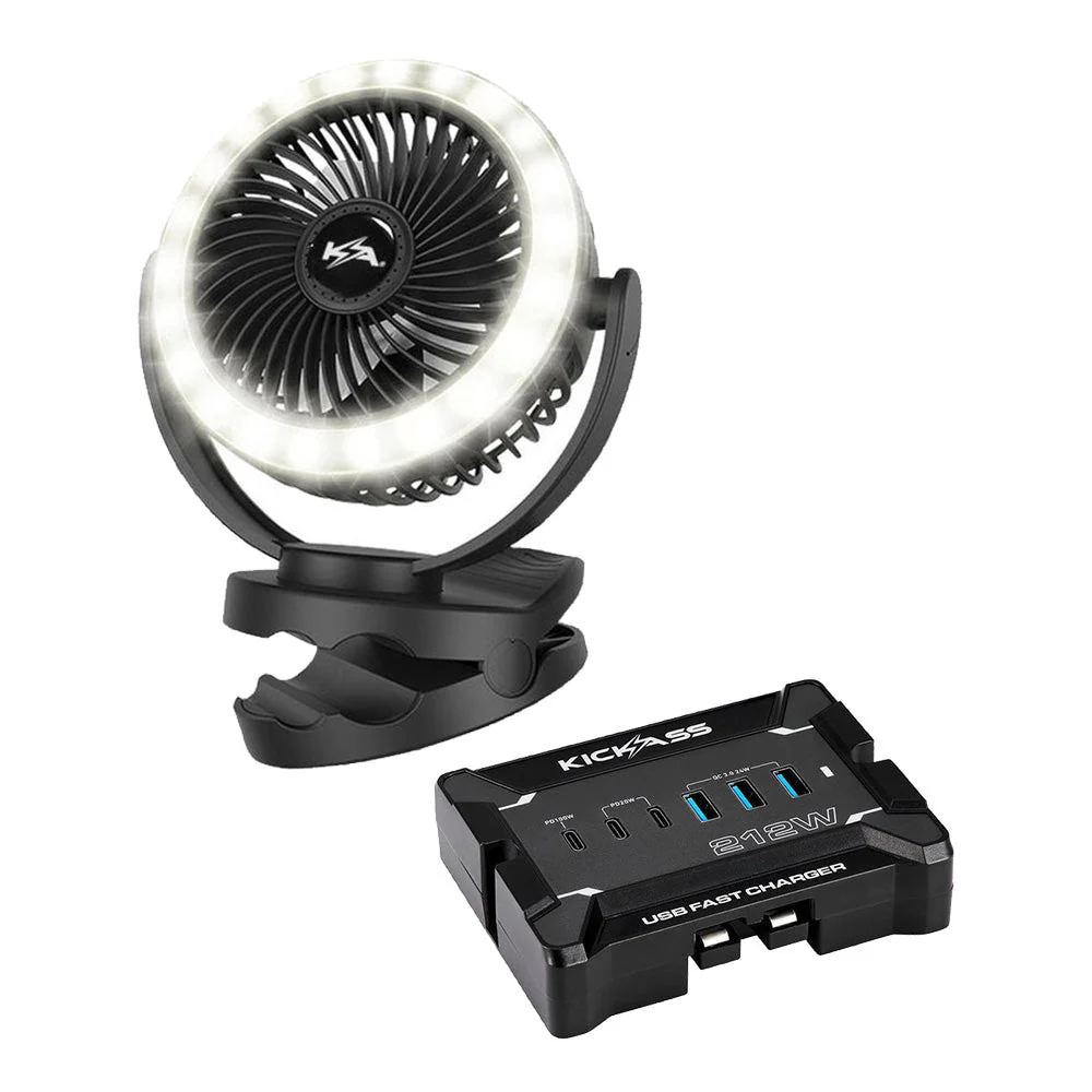 KickAss 12V Anderson To USB Fast Charger Bundle with Portable Clip Fan and LED Light
