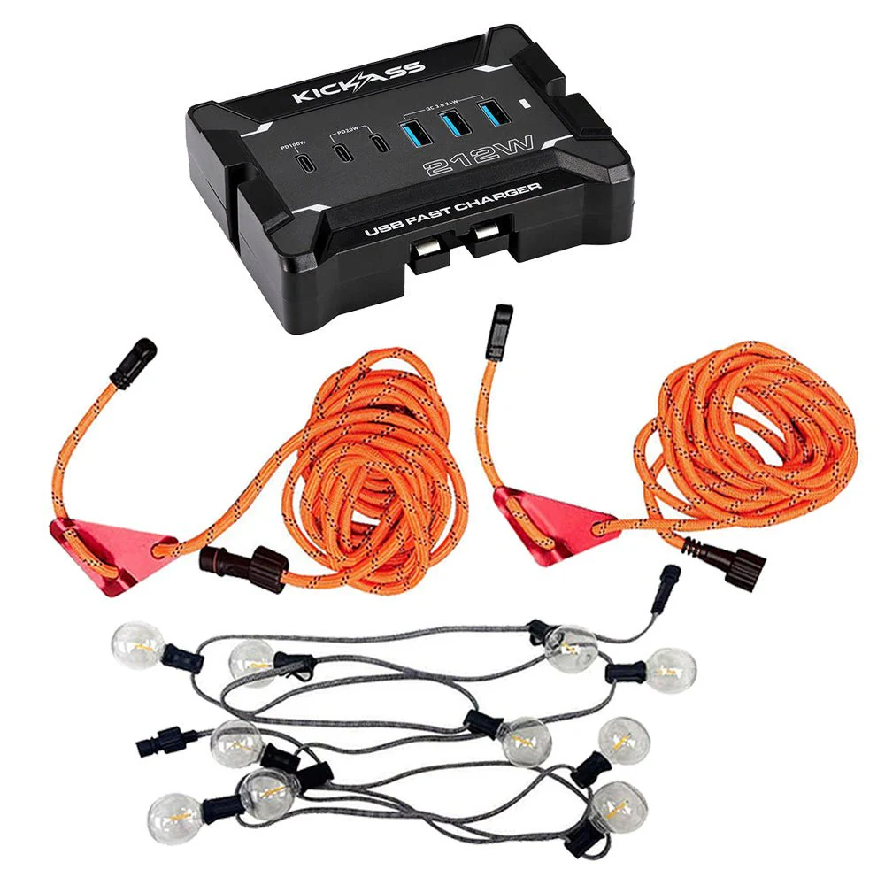 KickAss 12V Anderson To USB Fast Charger + Outdoor Tie-Down Guy Rope LED Lighting Kit Bundle