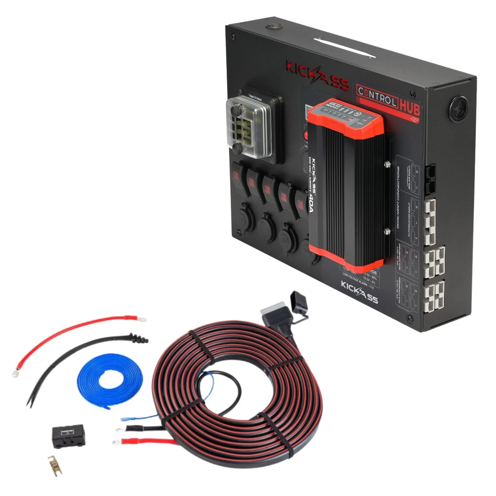 KickAss 12V Control Hub / Panel with 40A DCDC Charger + Wiring Kit Bundle