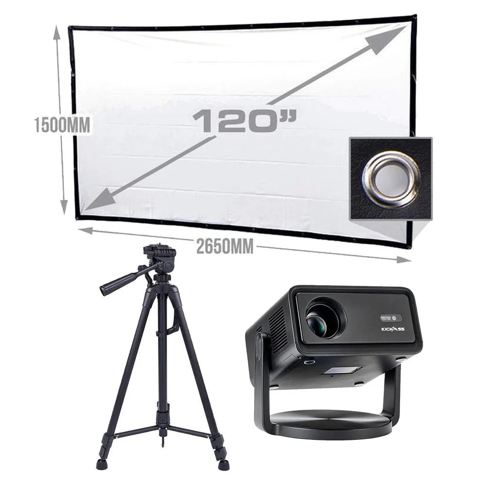 KickAss 12V FHD Outdoor Cinema Smart Projector Bundle with 120" Projector Screen and Tripod