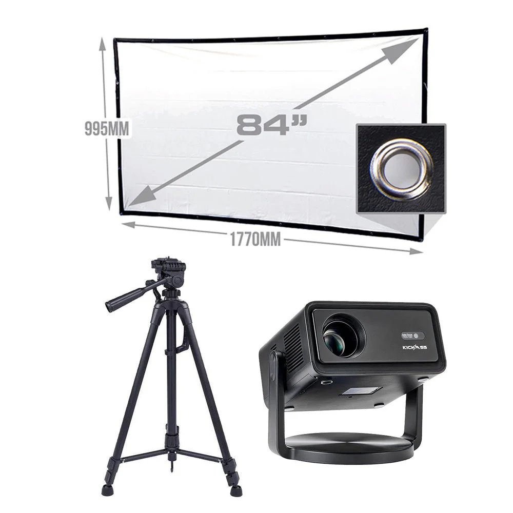KickAss 12V FHD Outdoor Cinema Smart Projector Bundle with 84" Projector Screen and Tripod