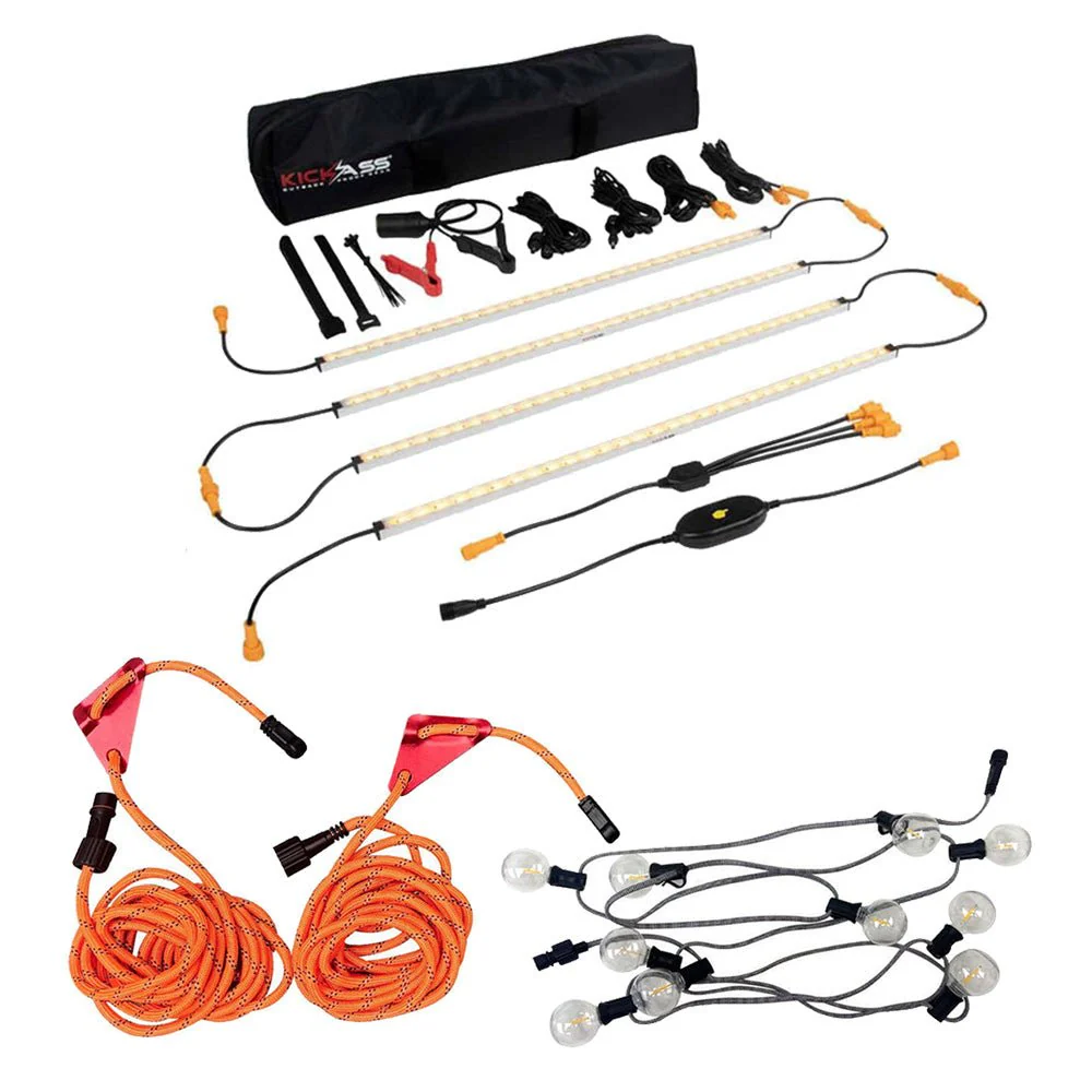 KickAss 12V LED Light Kit + Outdoor Tie-Down Guy Rope LED Lighting Kit Bundle