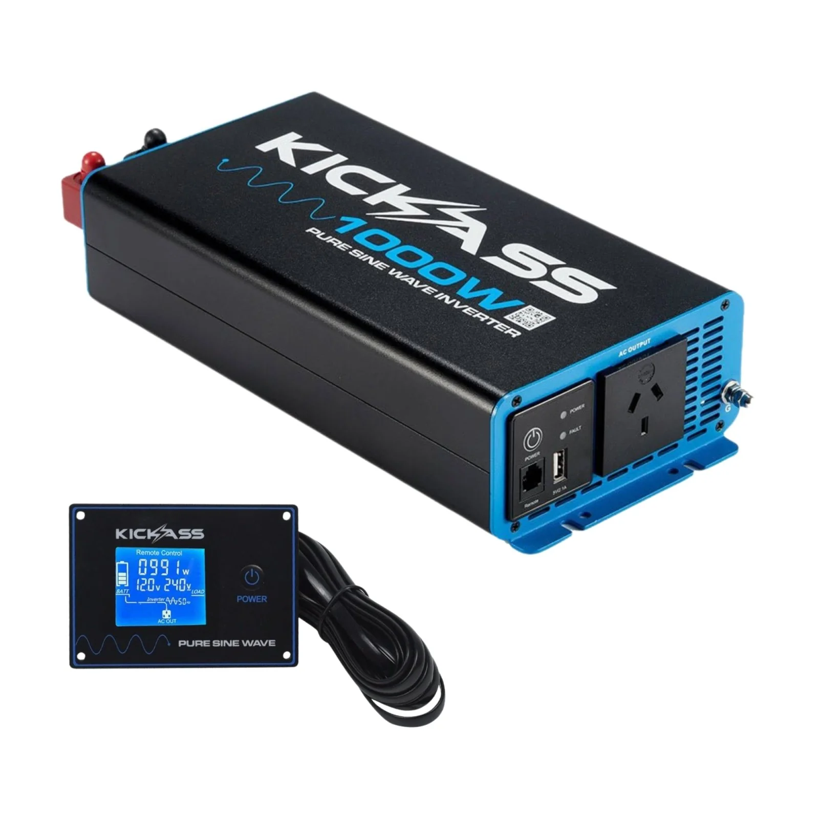 KickAss 12V to 240V Pure Sine Wave 1000W Inverter + Inverter Remote Display Screen Bundle
