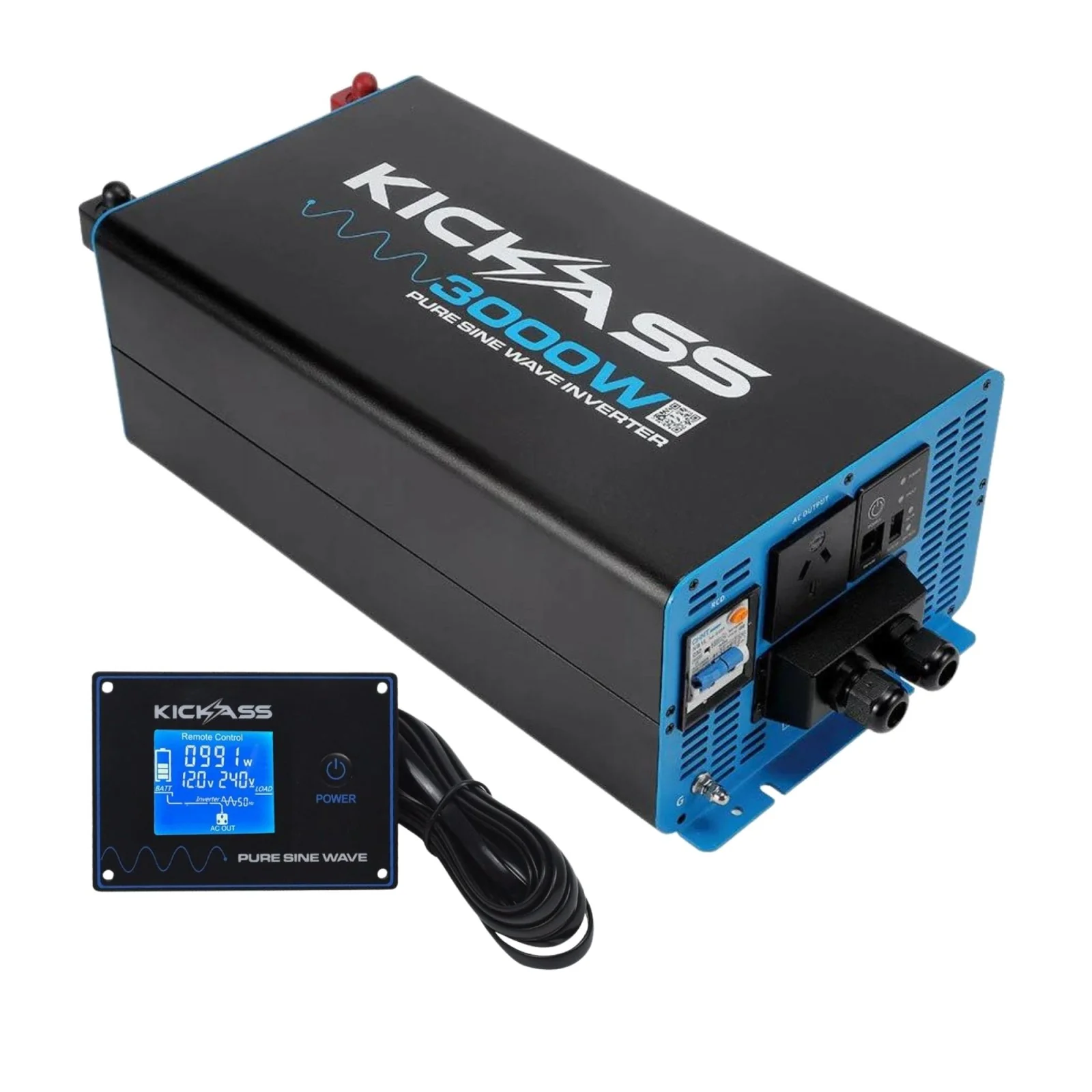 KickAss 12V to 240V Pure Sine Wave 3000W Inverter + Inverter Remote Display Screen Bundle