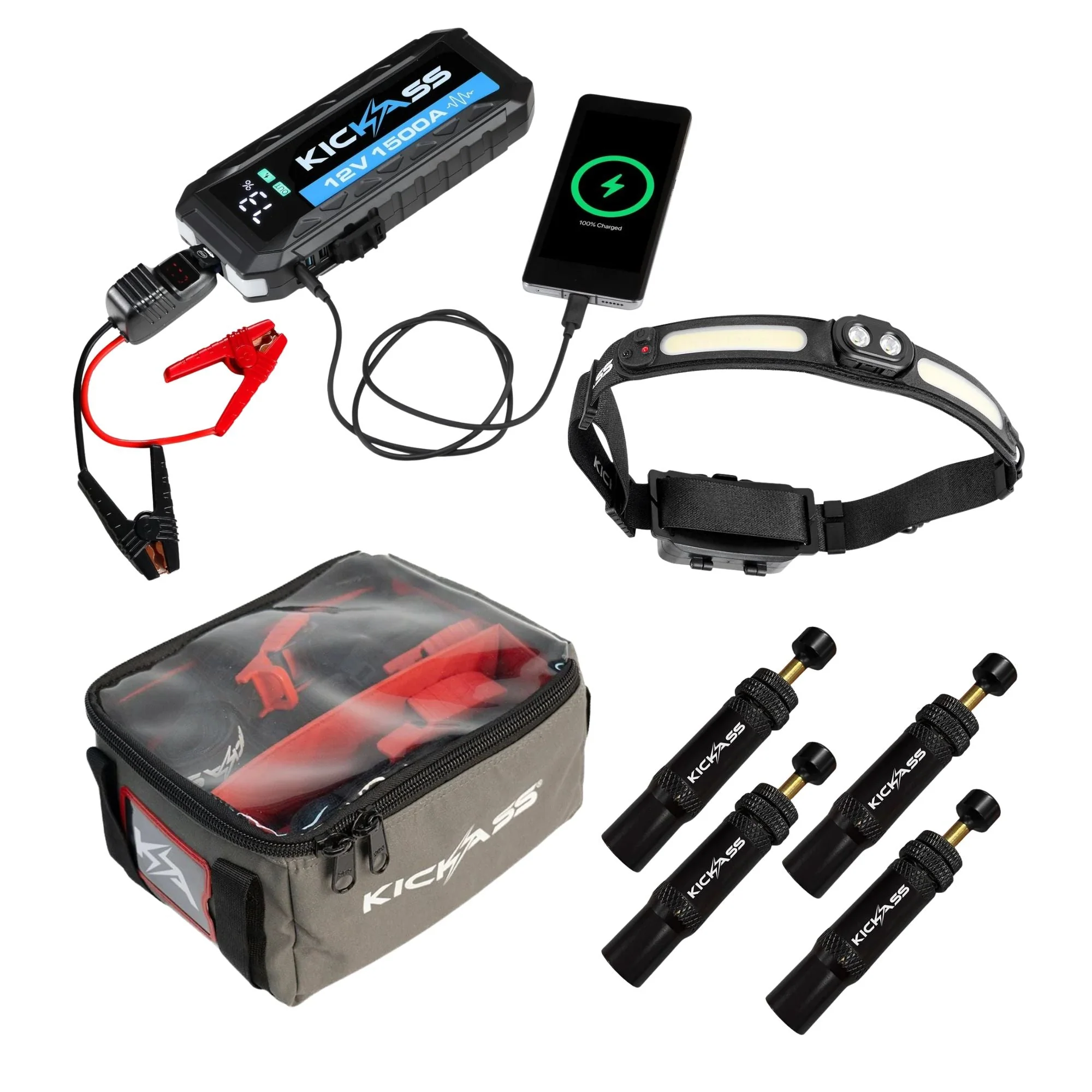 KickAss 1500A Jump Starter Bundle with 3-in-1 Head Torch, Canvas Storage Bag & Automatic Tyre Deflator