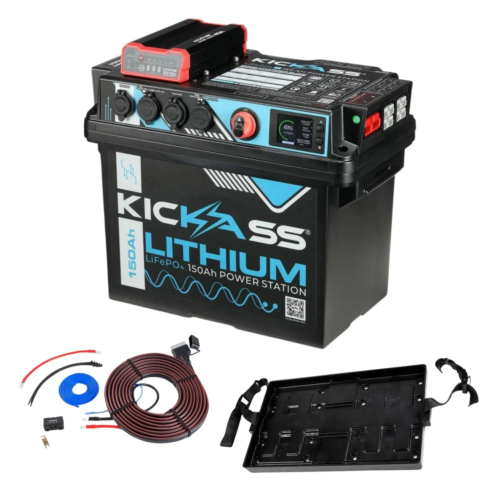 KickAss 150Ah Lithium Power Station Essentials Dual Battery Kit with DCDC Charger, Tray & Wiring