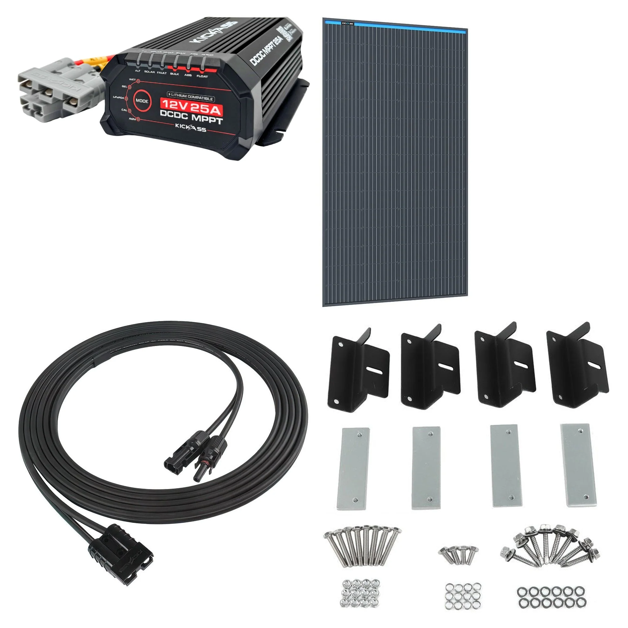 KickAss 170W Fixed Solar Panel Bundle with 25A DCDC Charger, Mounting Kit and Extension Cable