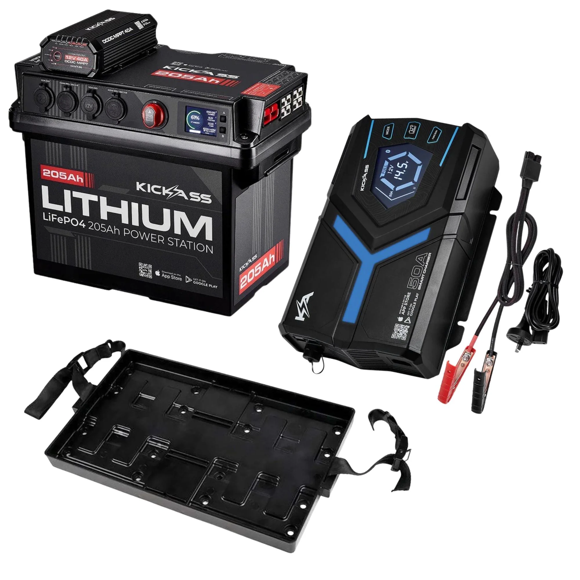 KickAss 205Ah Lithium Battery Box + 50A Smart AC Charger Bundle with Tray
