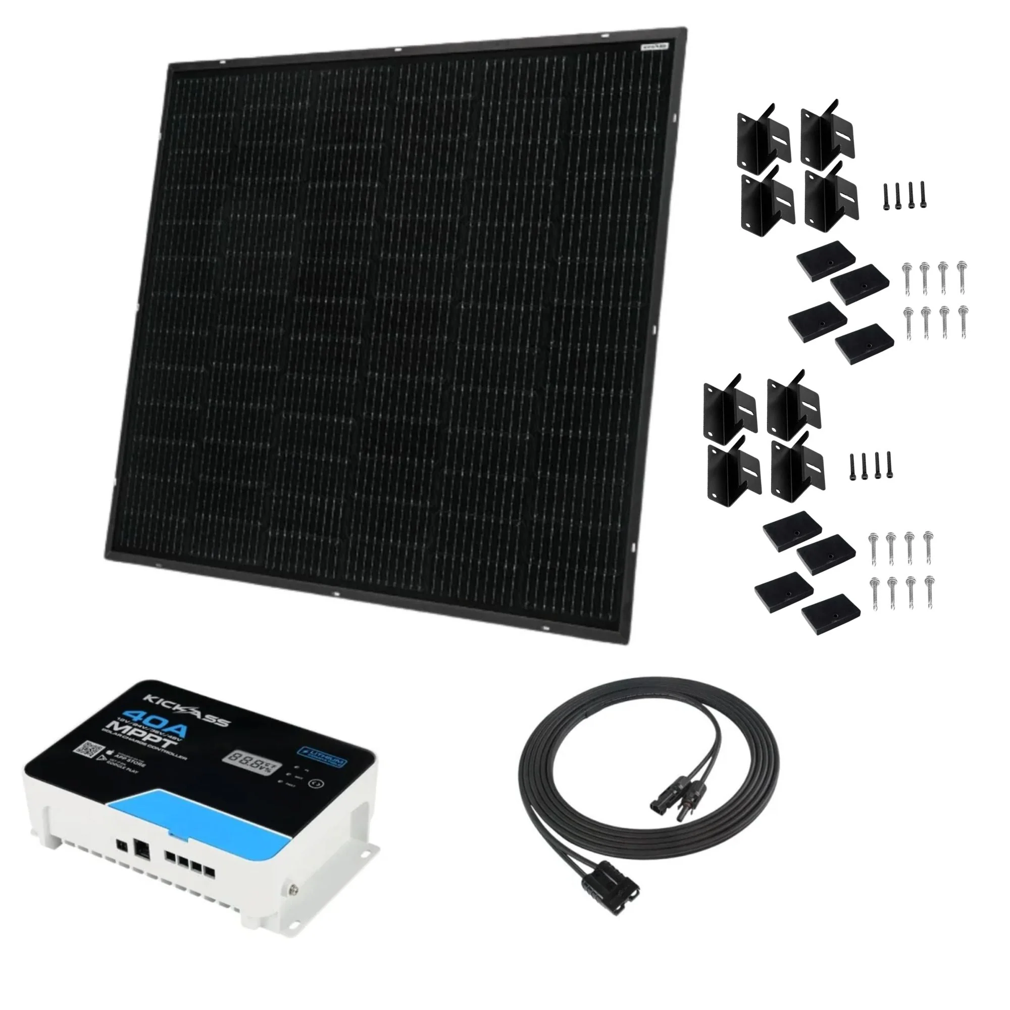 KickAss 210W Ultra Slim Fixed Glass Solar Panel Bundle with 40A MPPT Solar Charge Controller & Extension Cable - 5m